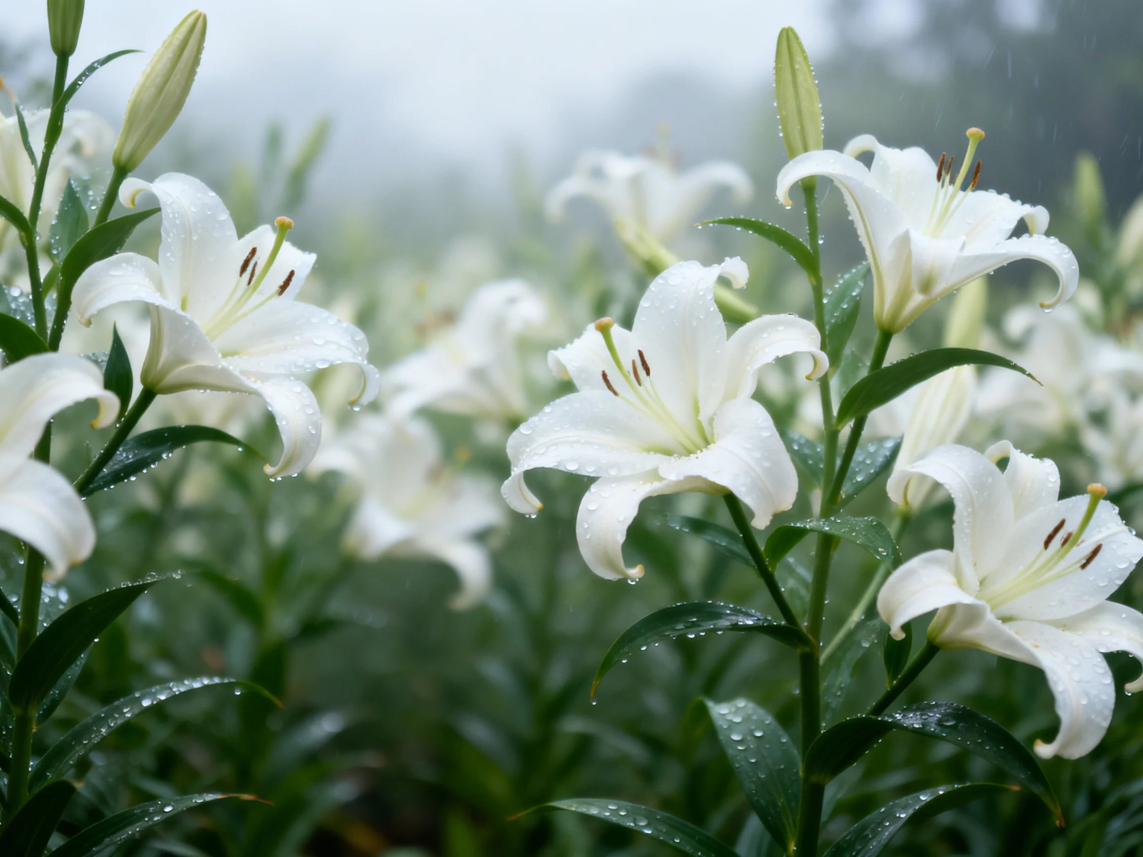 White lilies glisten with raindrops amid lush green foliage