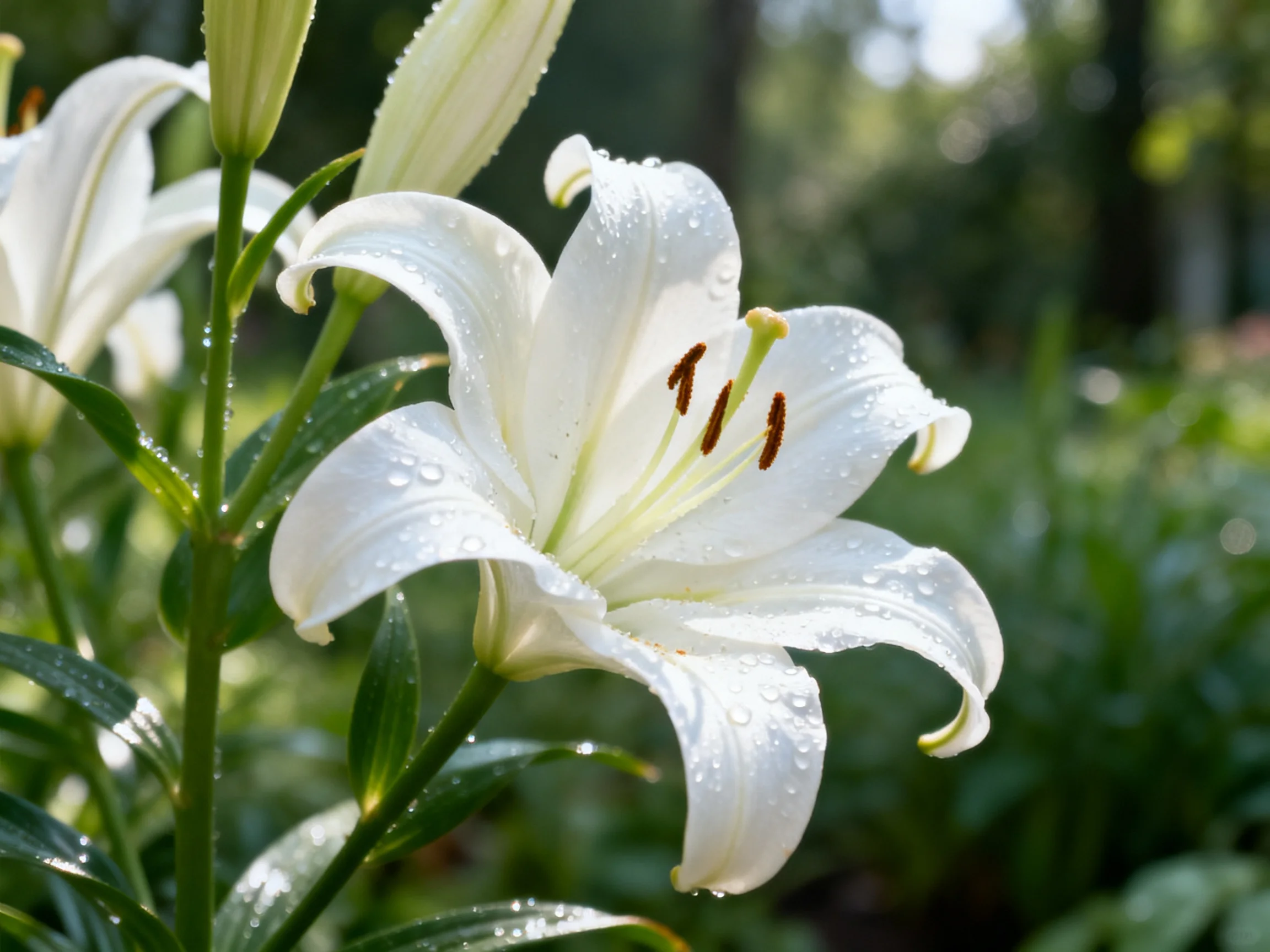 White lilies with dew drops blooming among lush green foliage