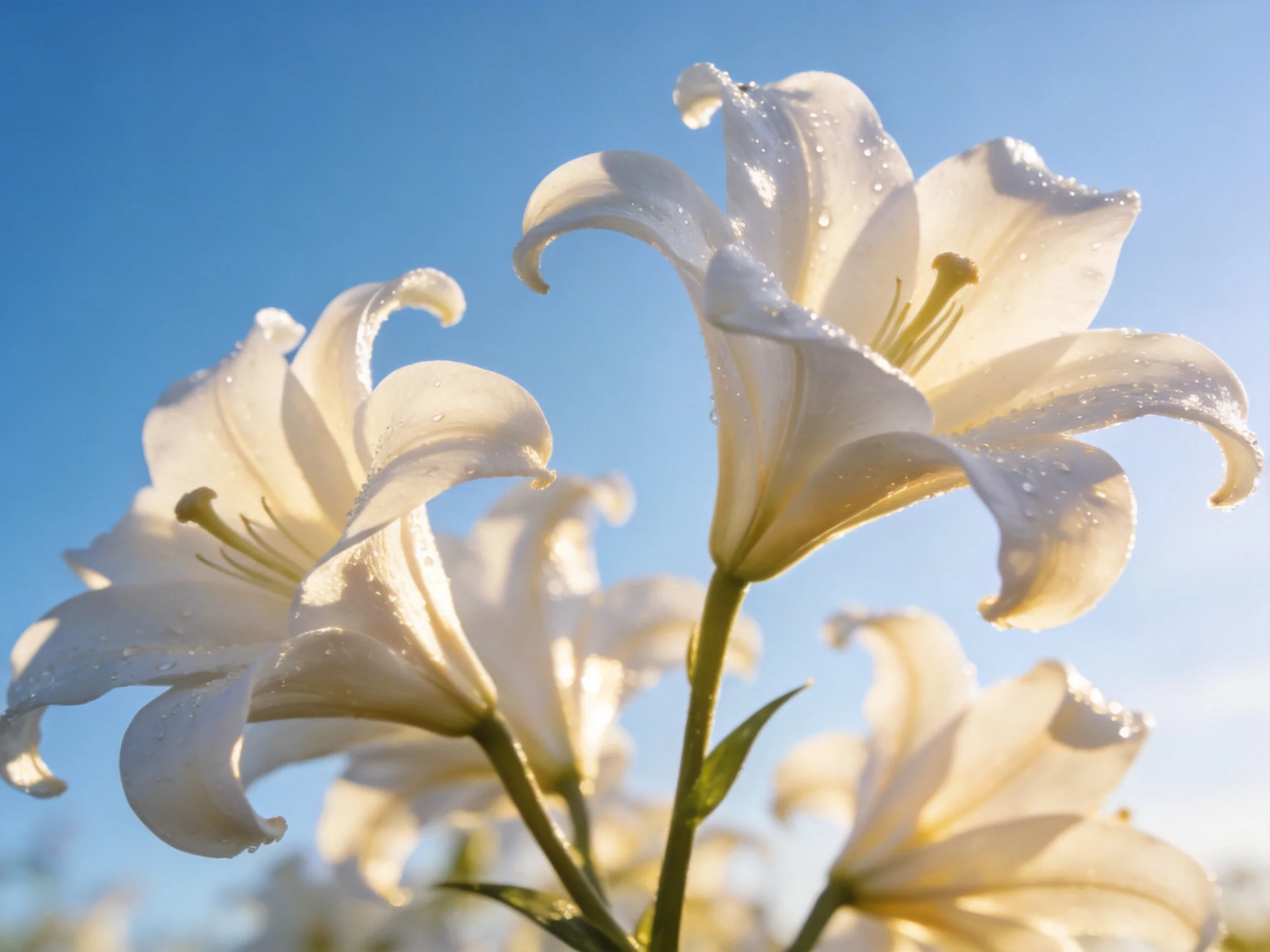 White lilies with dewdrops bloom under clear blue sky