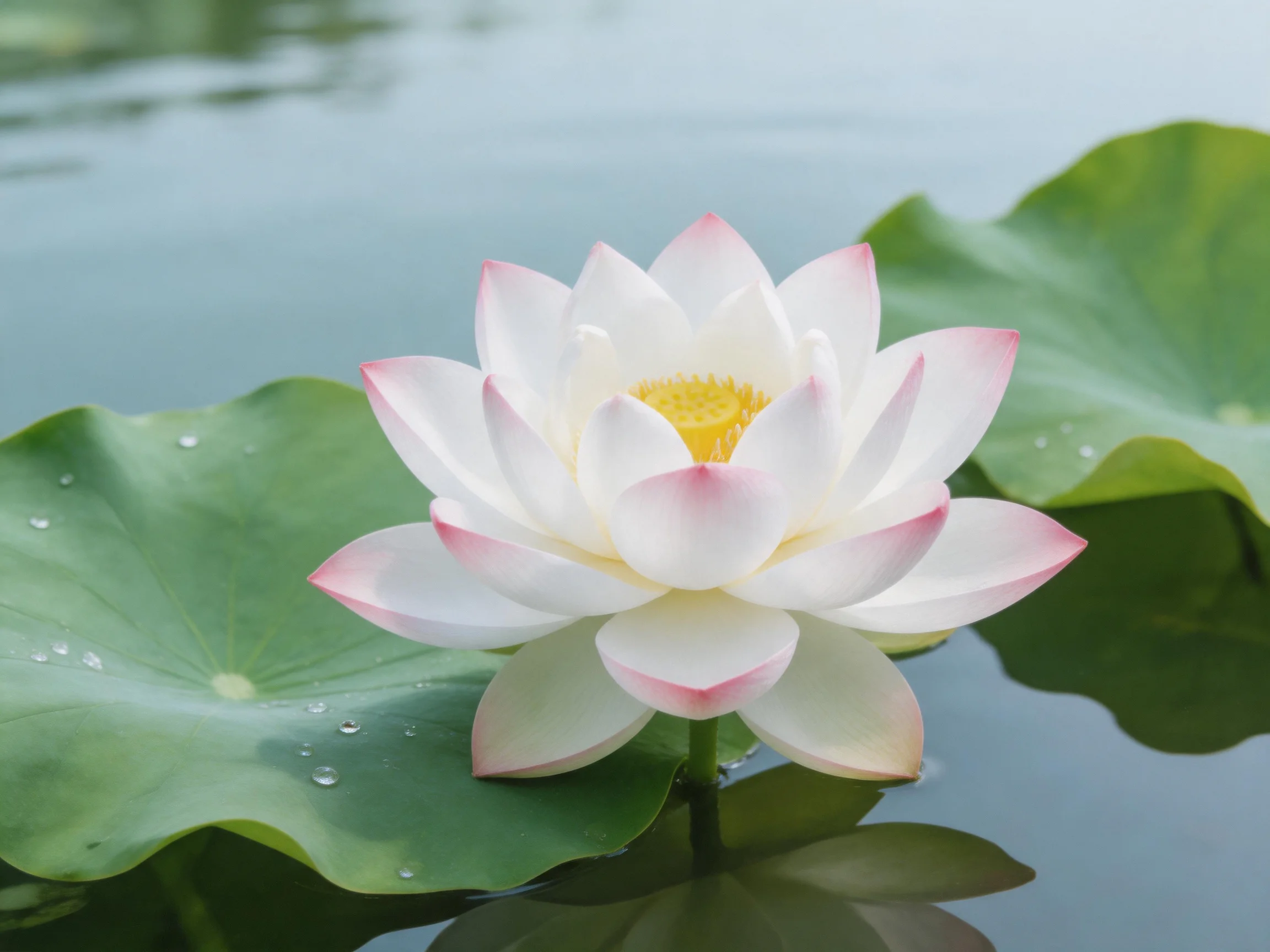 White lotus with pink edges blooms near green lily pads on calm water