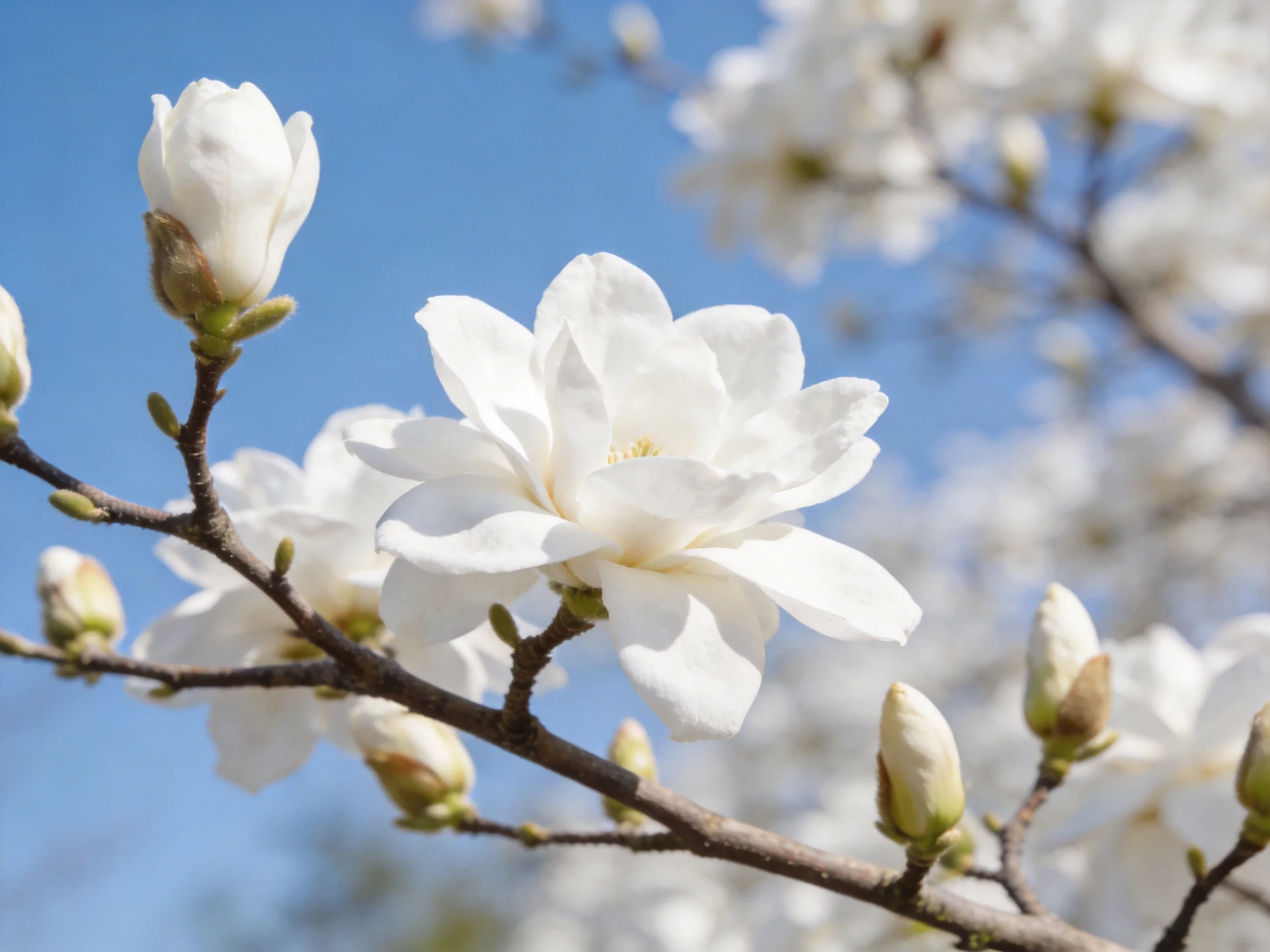 White magnolia flowers bloom on dark branches amid clear blue sky