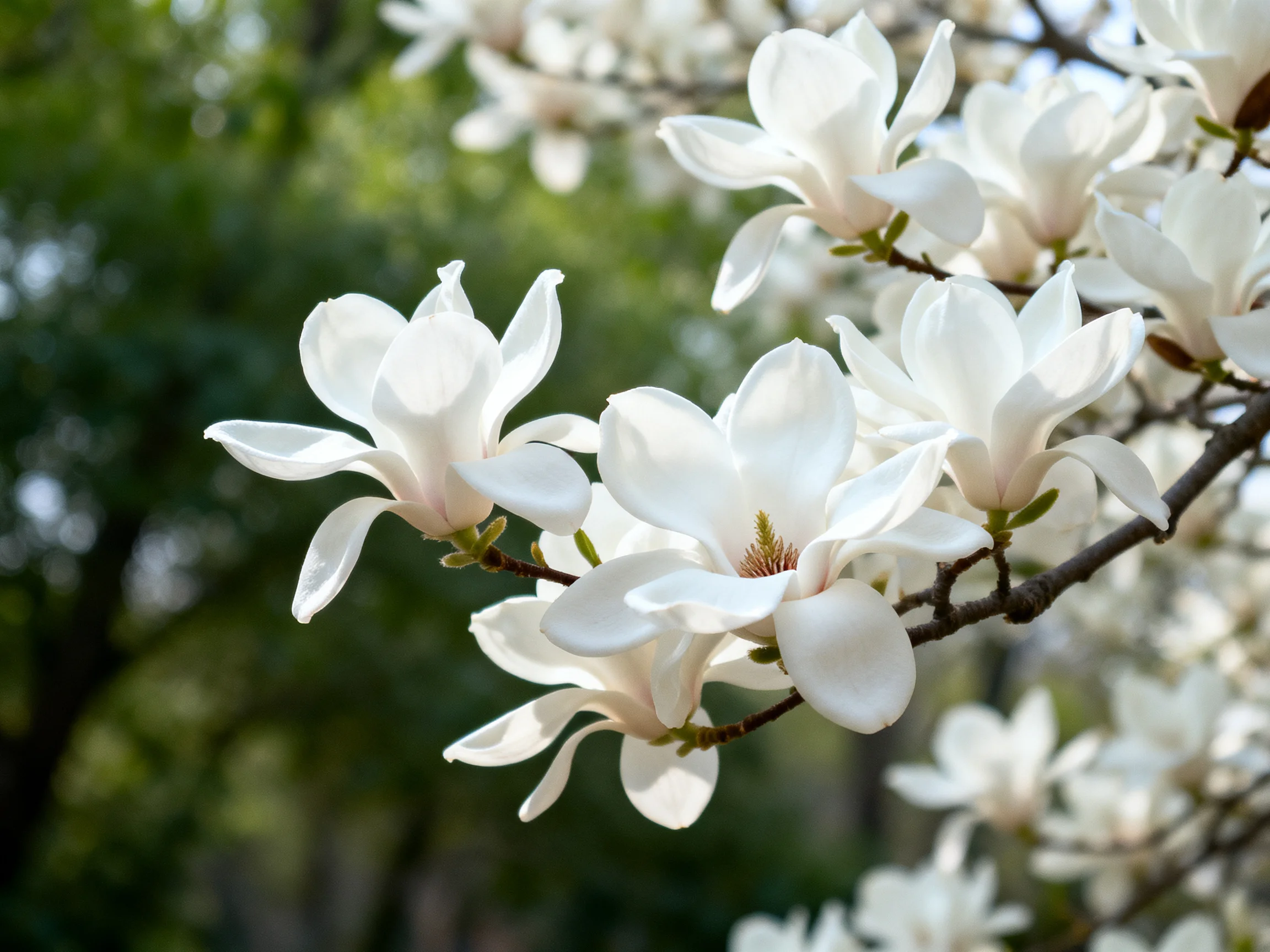 White magnolias bloom on dark branches amid lush green foliage