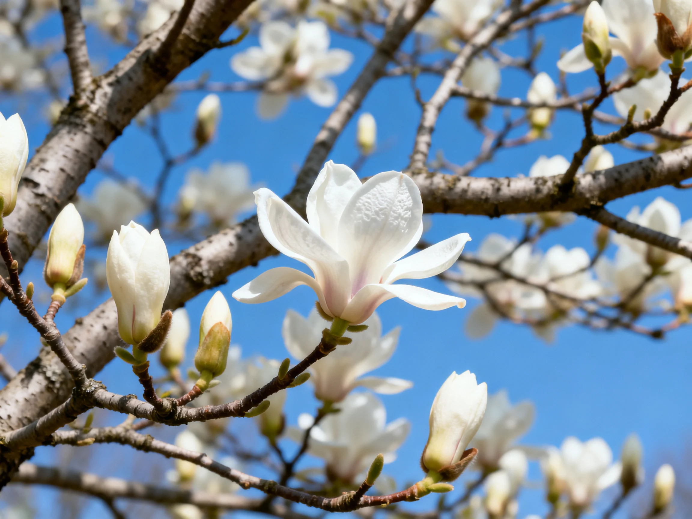 White magnolias bloom on gnarled branches against a clear blue sky