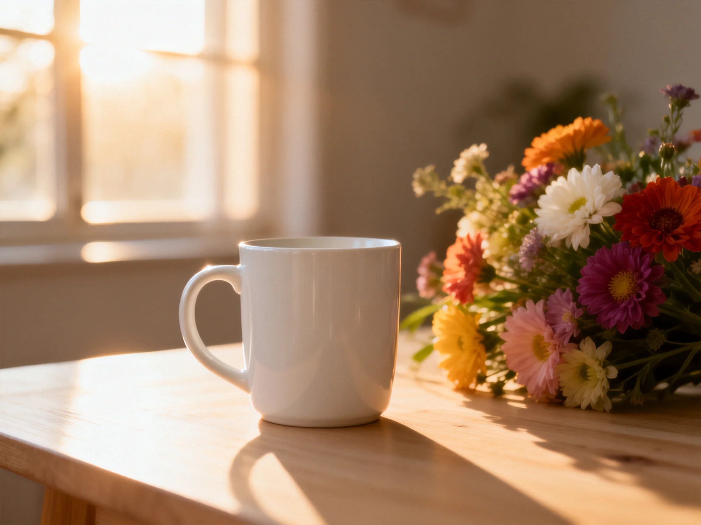 White mug beside vibrant flower bouquet on sunlit wooden table