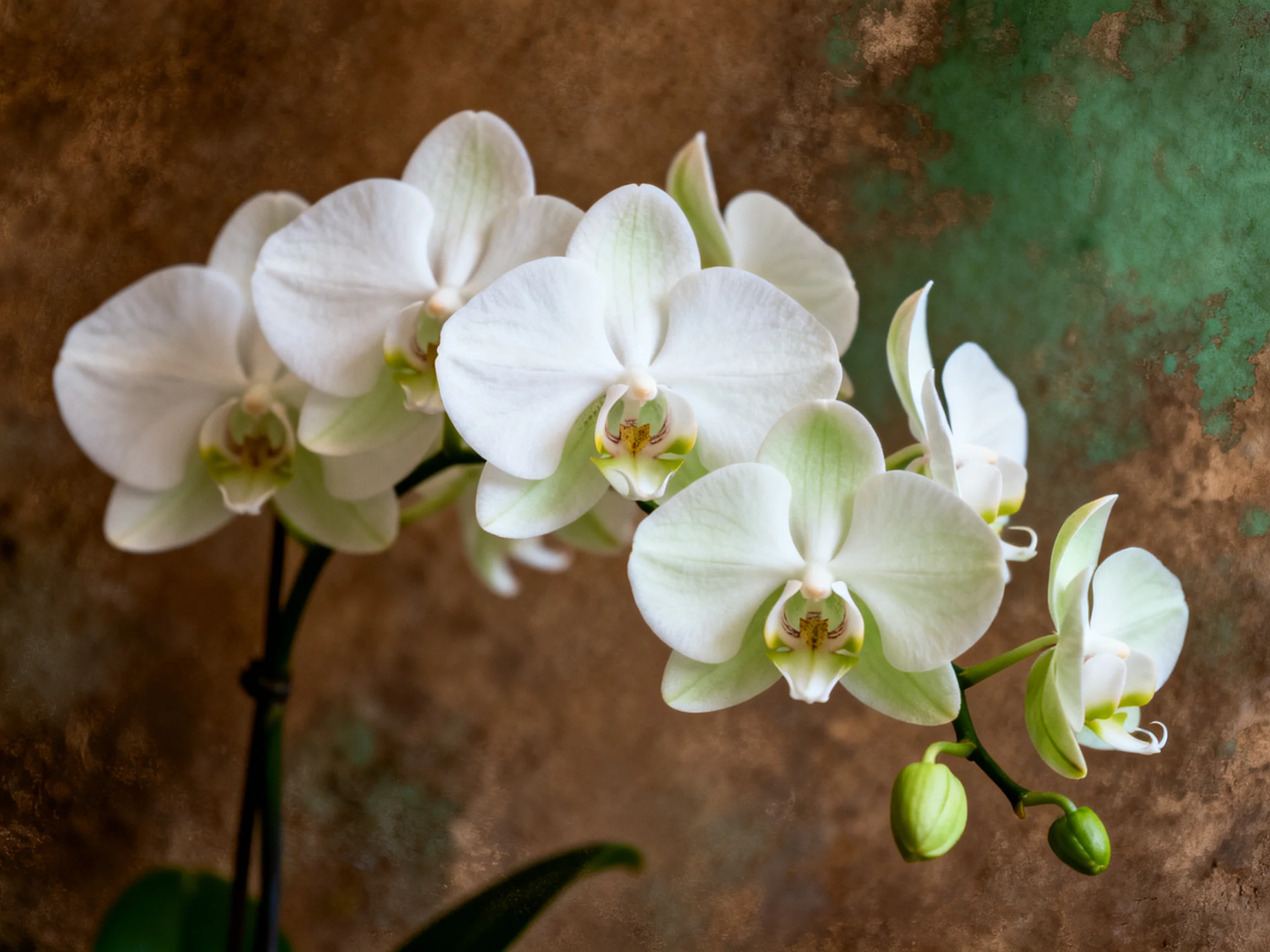 White orchid blooms and green buds on textured brown-green wall