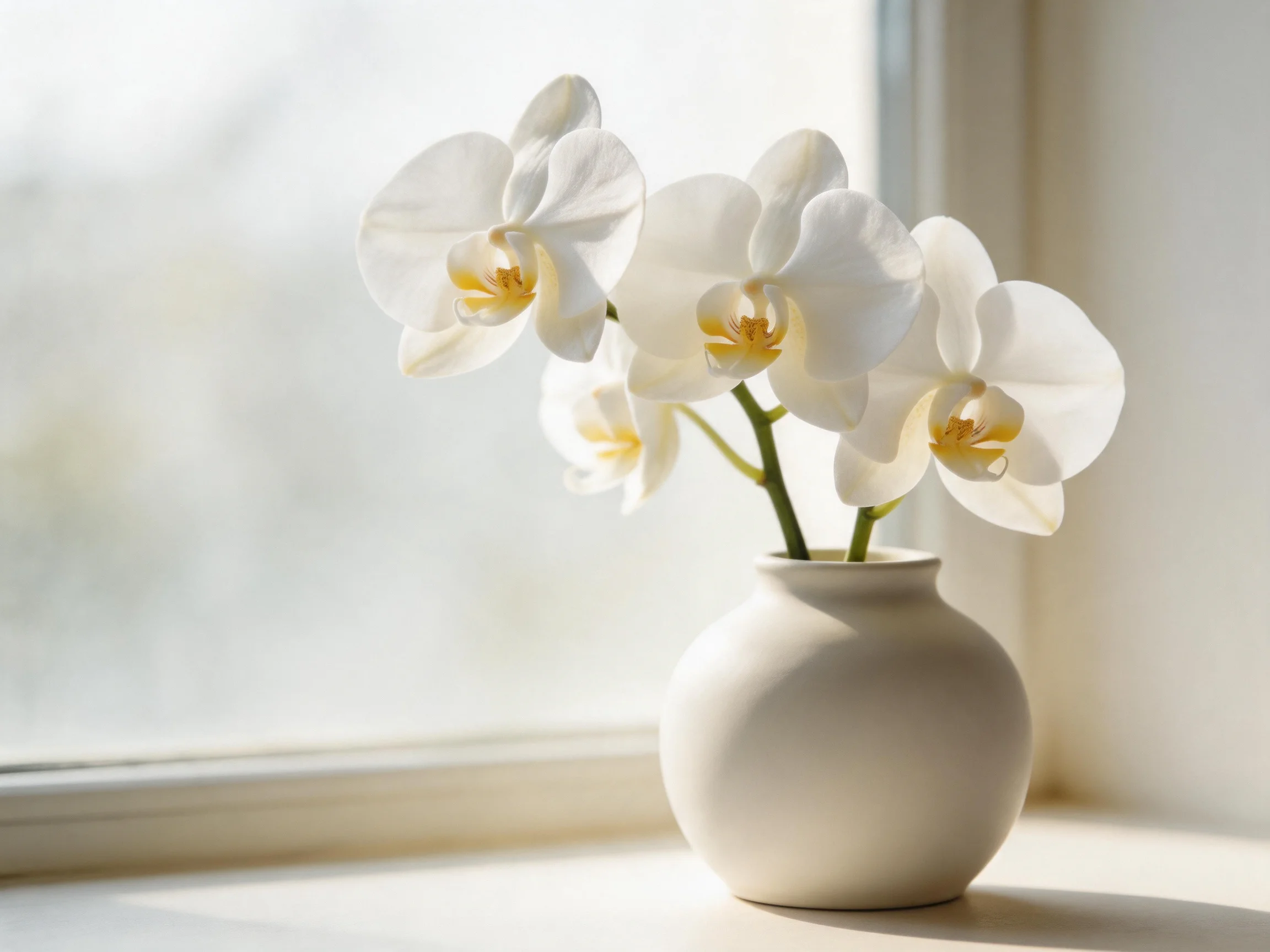 White orchid flowers arranged in a small round vase near a bright window