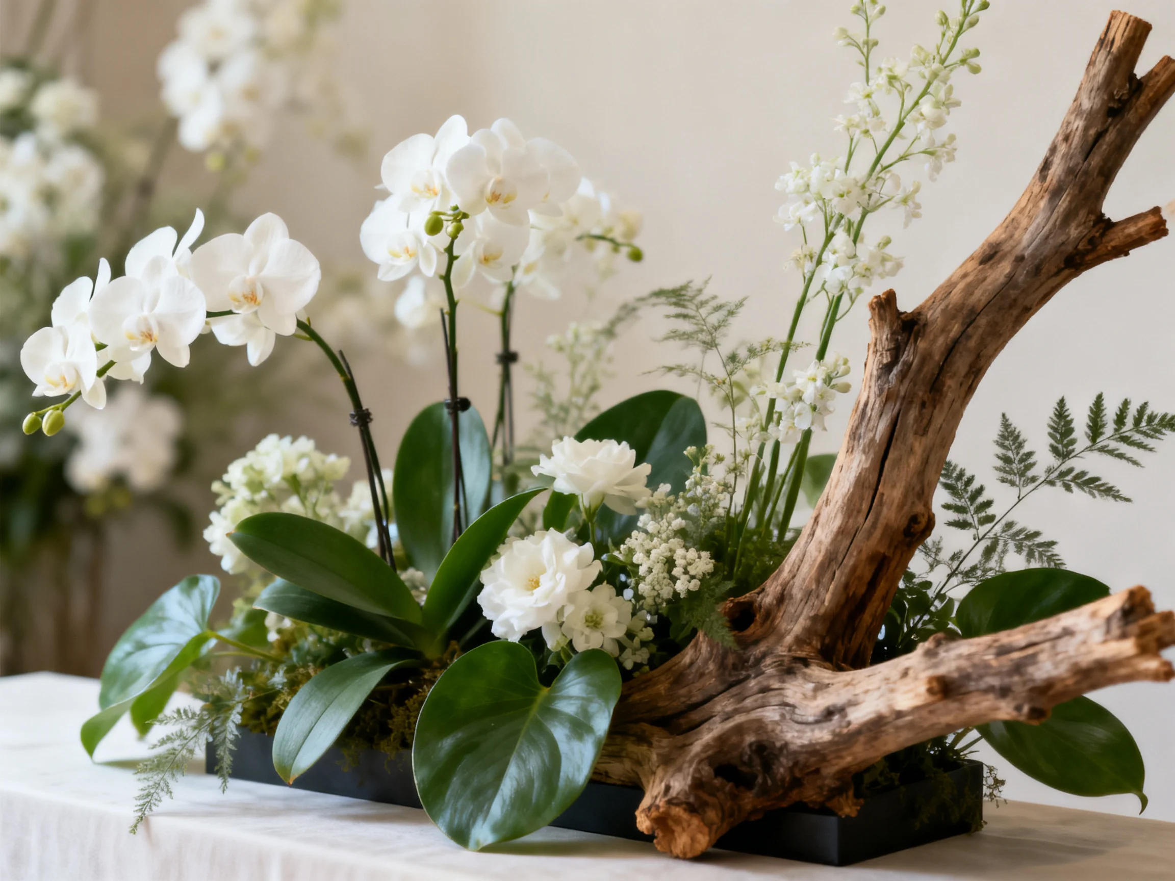 White orchids and greenery arranged with rustic driftwood in a black planter