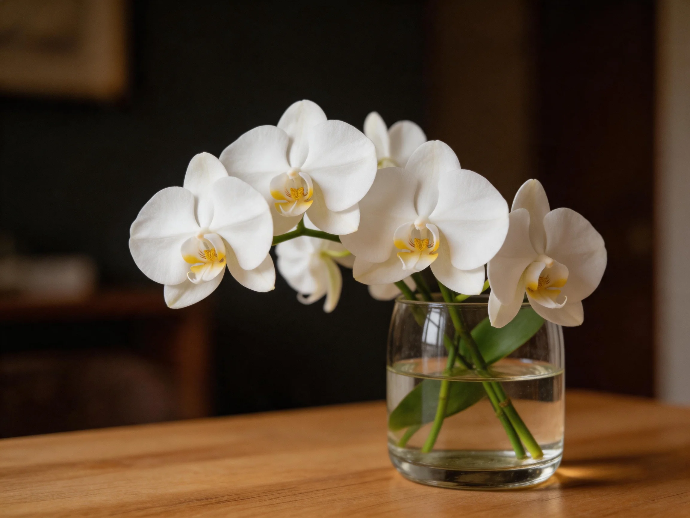 White orchids arranged in a clear glass vase on a wooden table