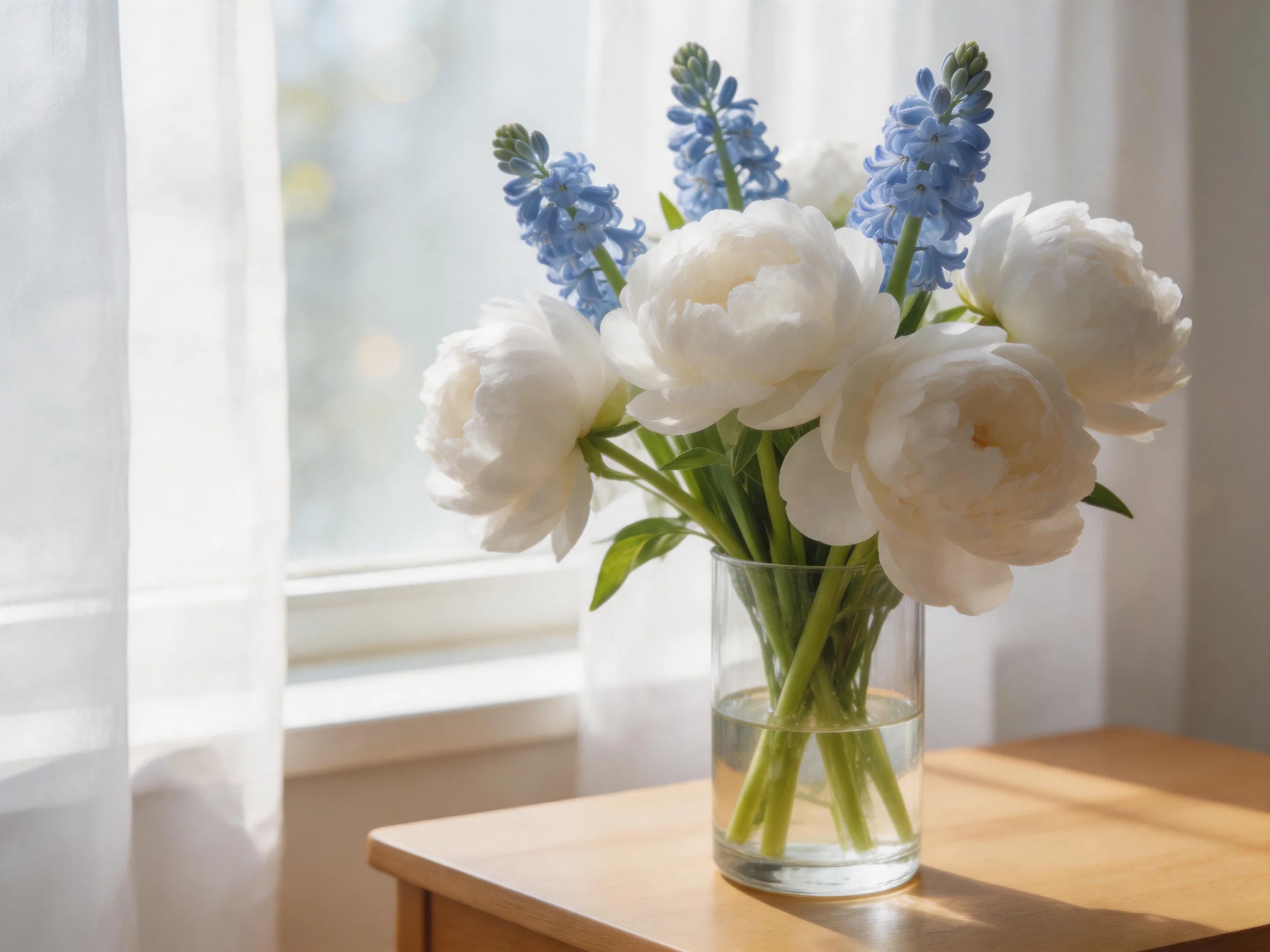 White peonies and blue blooms in a glass vase near a sunlit window