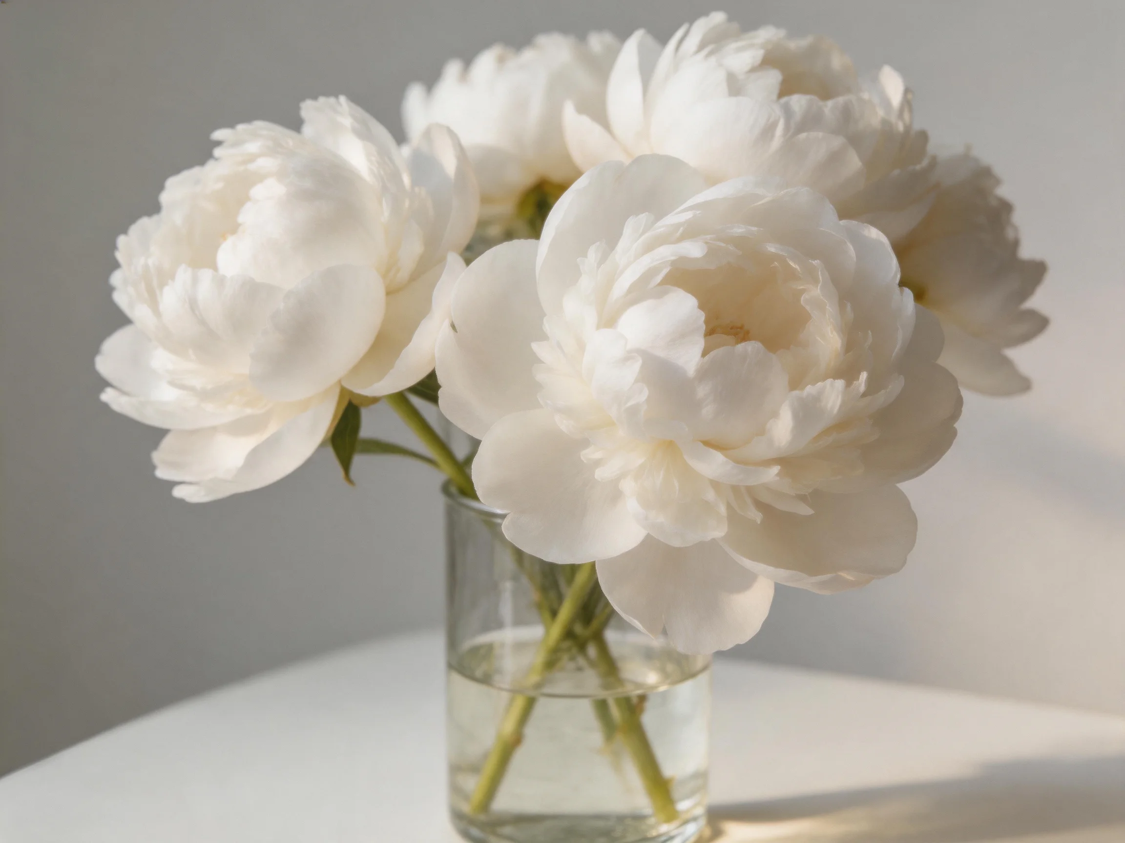 White peonies arranged in a clear glass vase with water