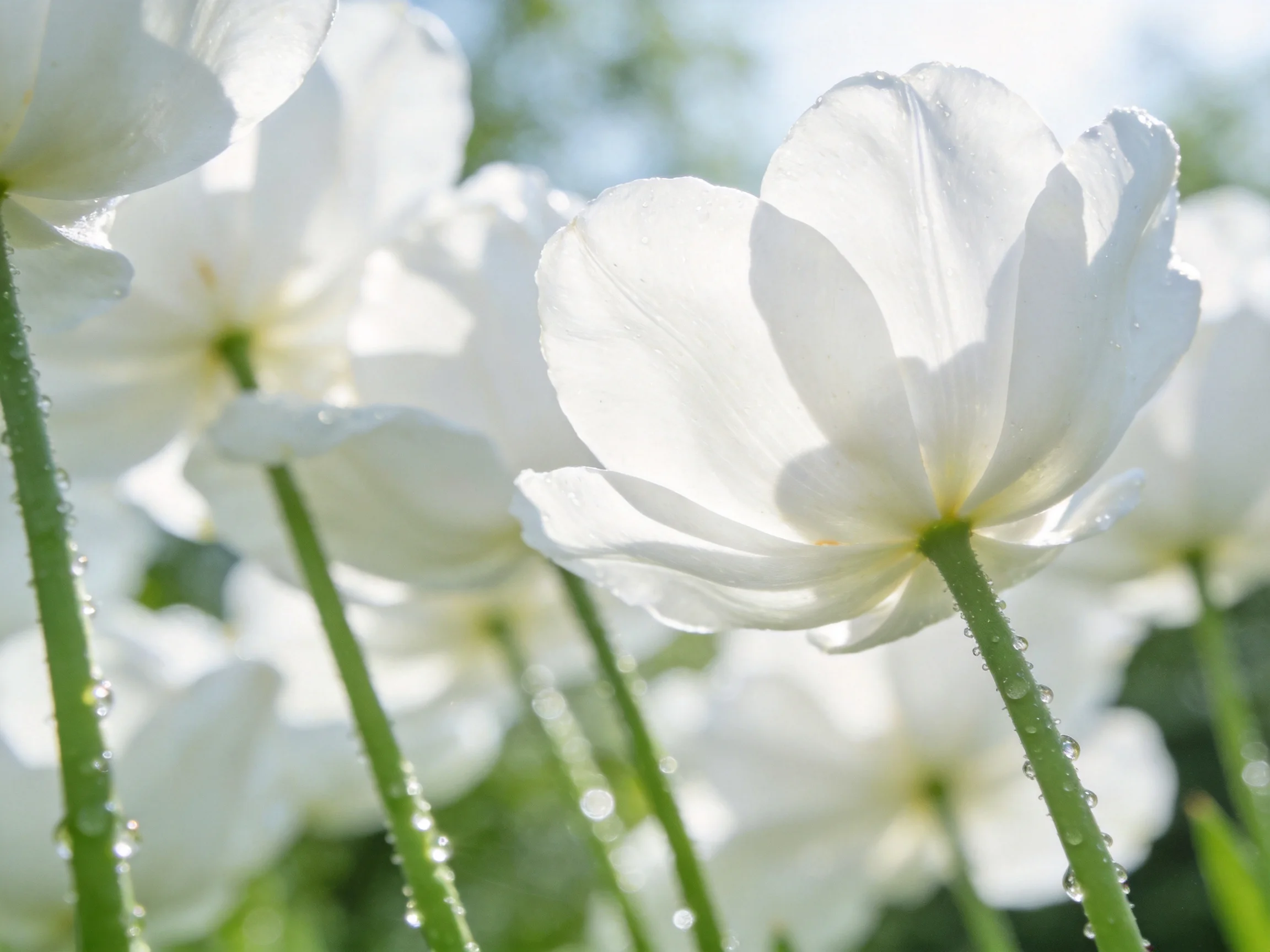 White petal flowers with dewdrops, vibrant green stems, sunlit scene