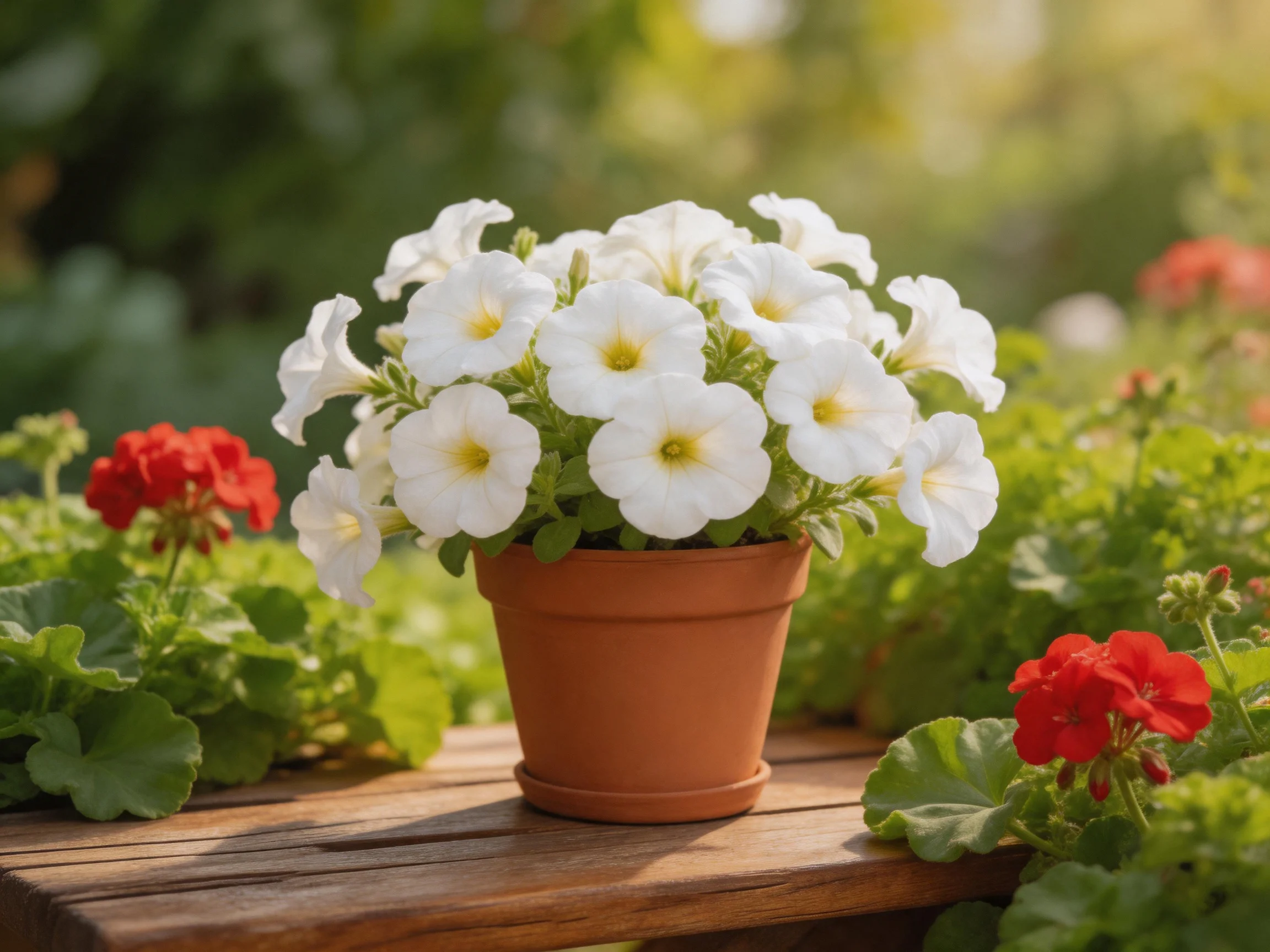 White petunias in a terracotta pot sit on a wooden bench near red flowers