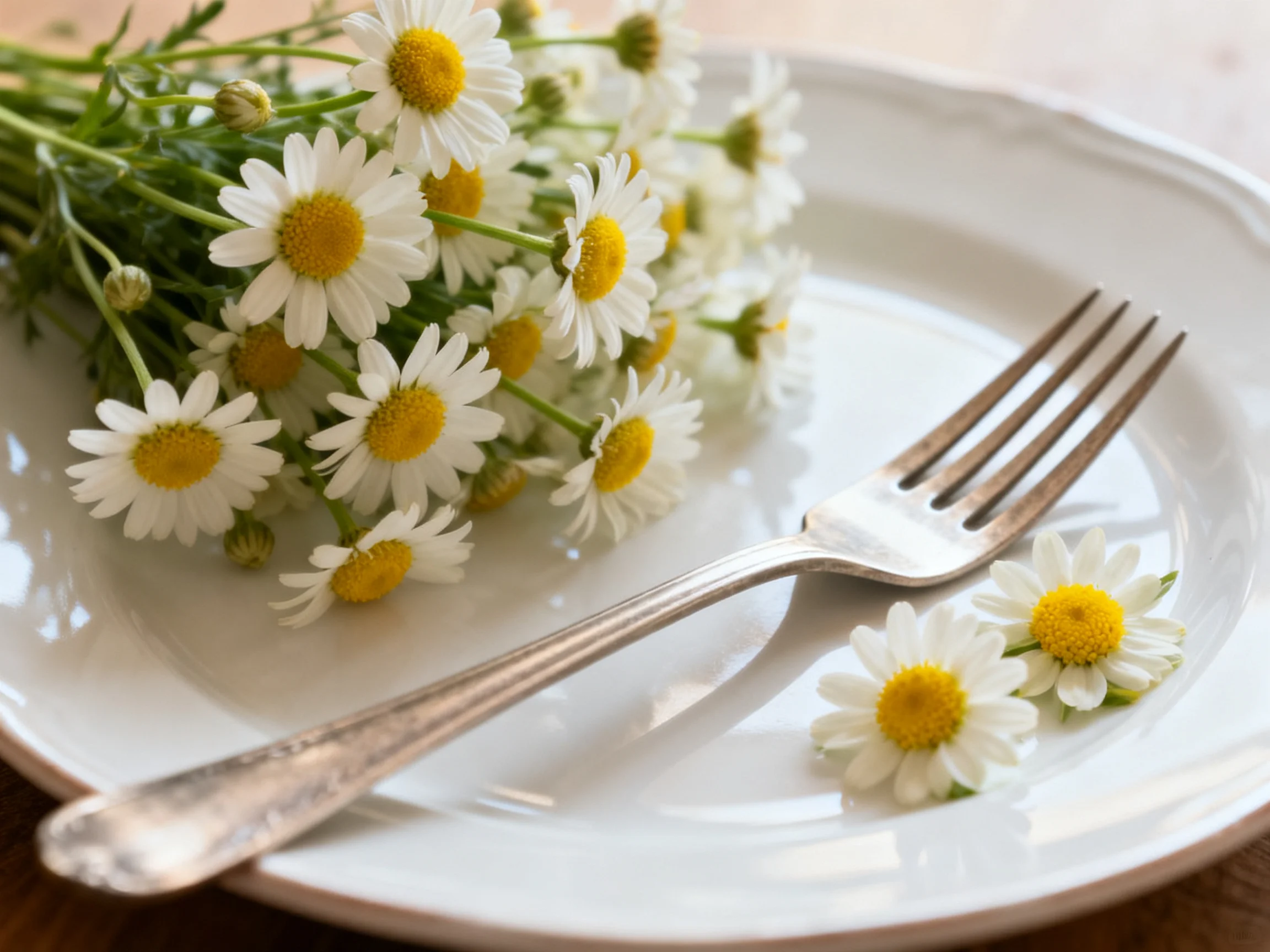 White plate with daisies and silver fork