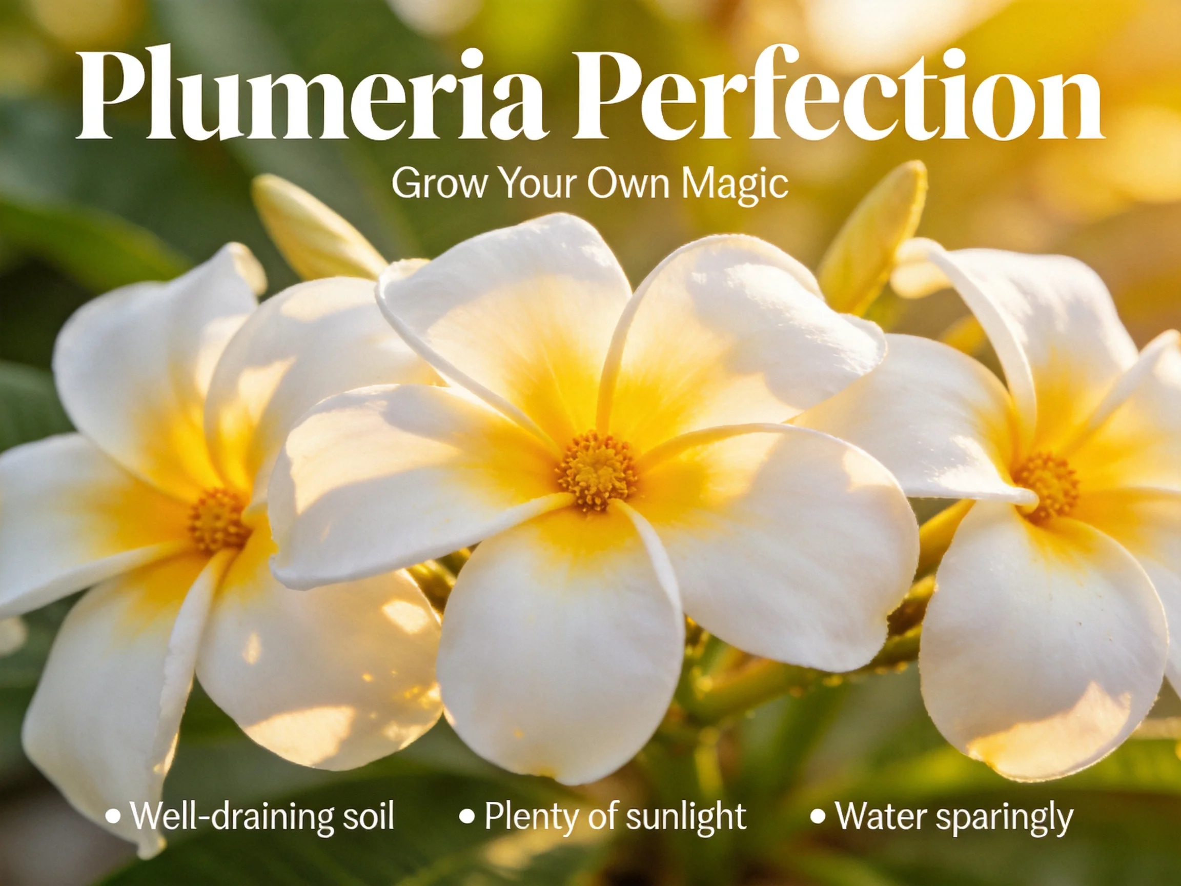 White plumeria flowers with yellow centers glow under sunlight