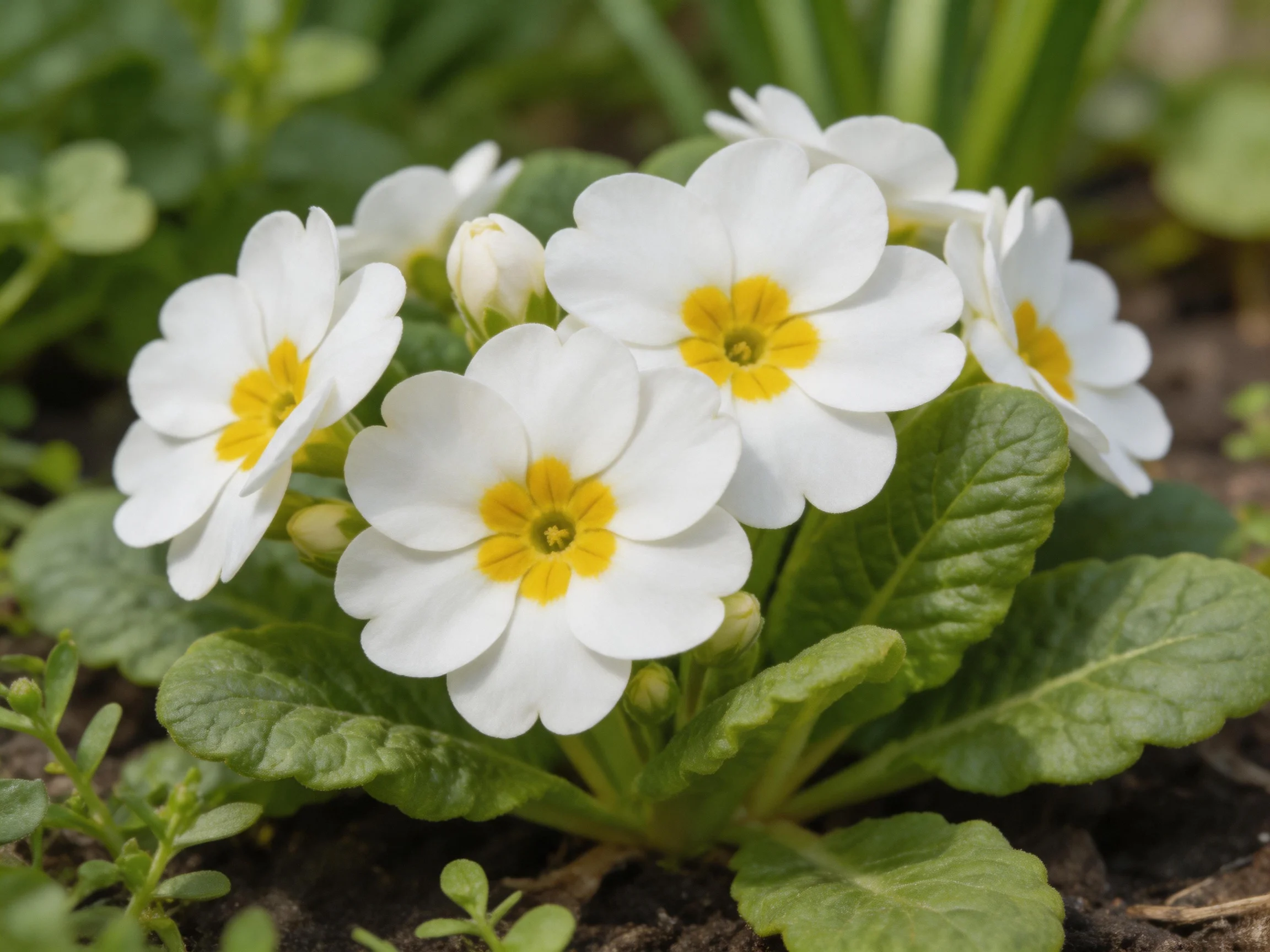 White primrose flowers with bright yellow centers among lush green foliage