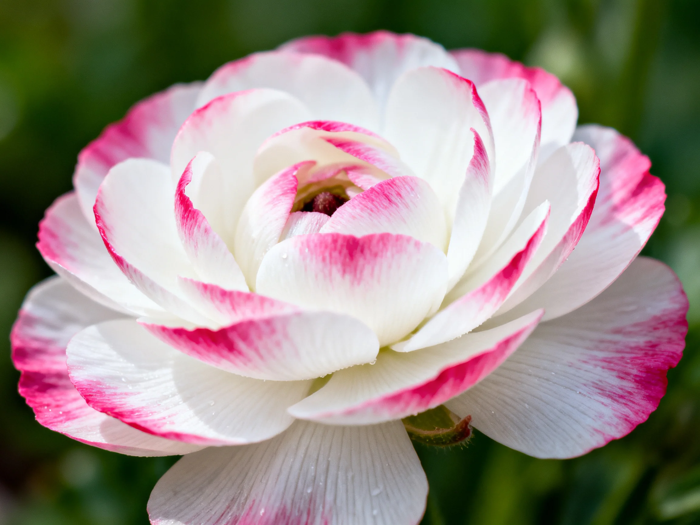 White ranunculus flower with pink petal edges