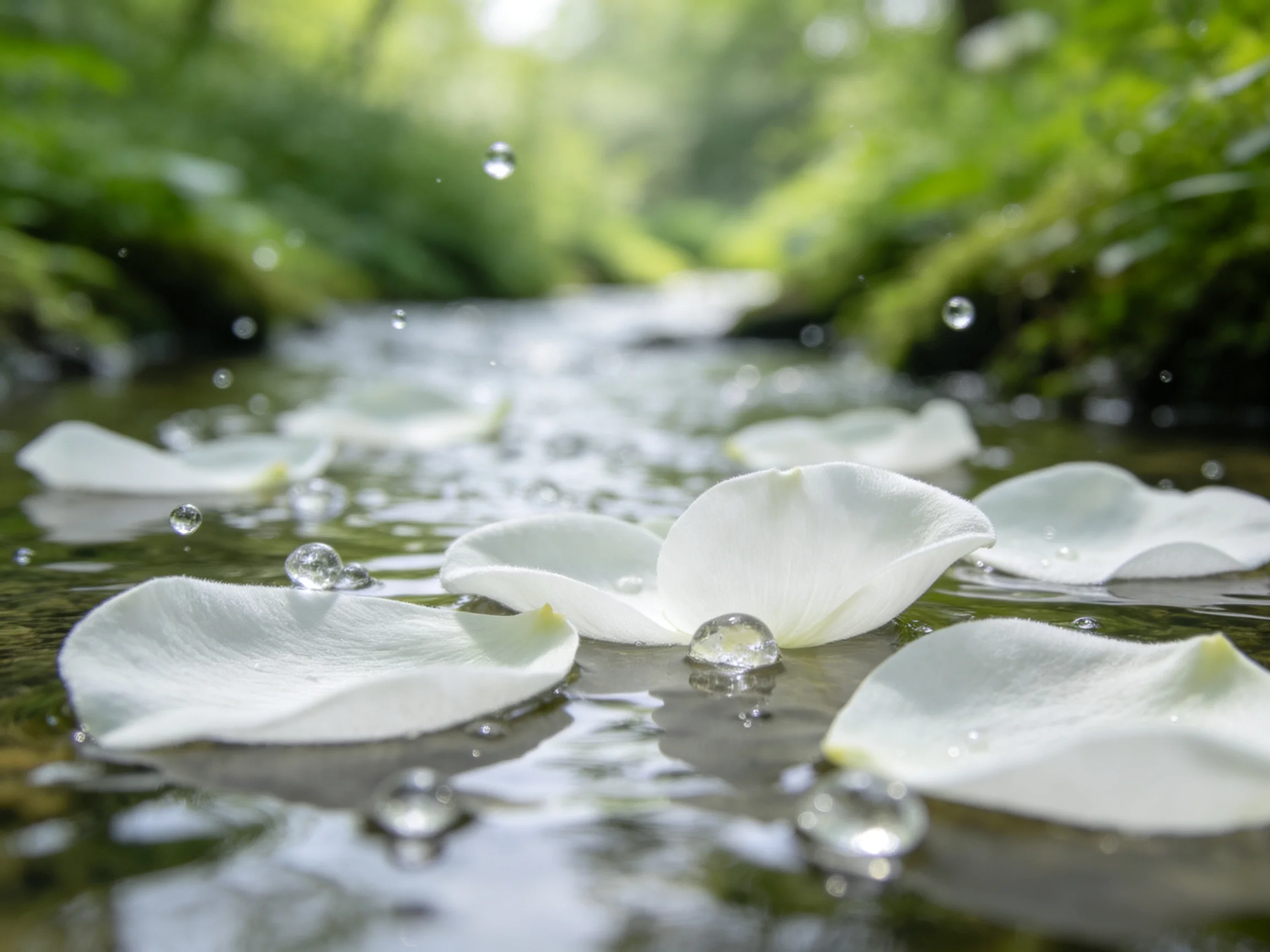 White rose petals float in a clear stream amid lush green foliage