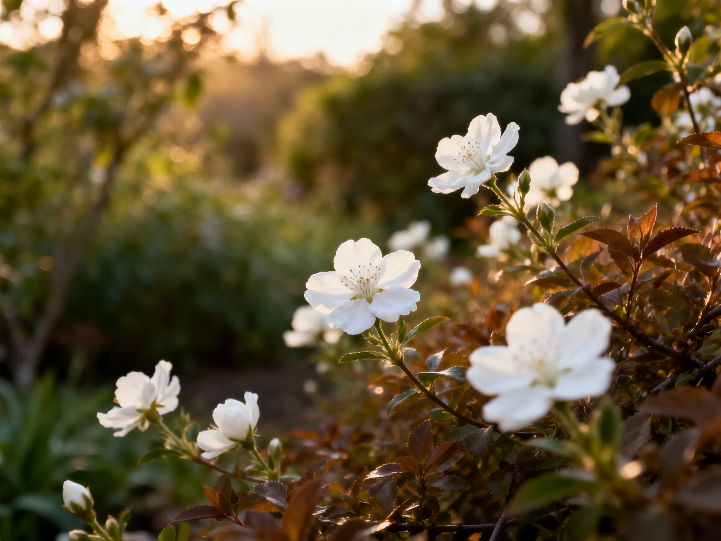 White roses bloom in a sun-drenched garden with golden foliage