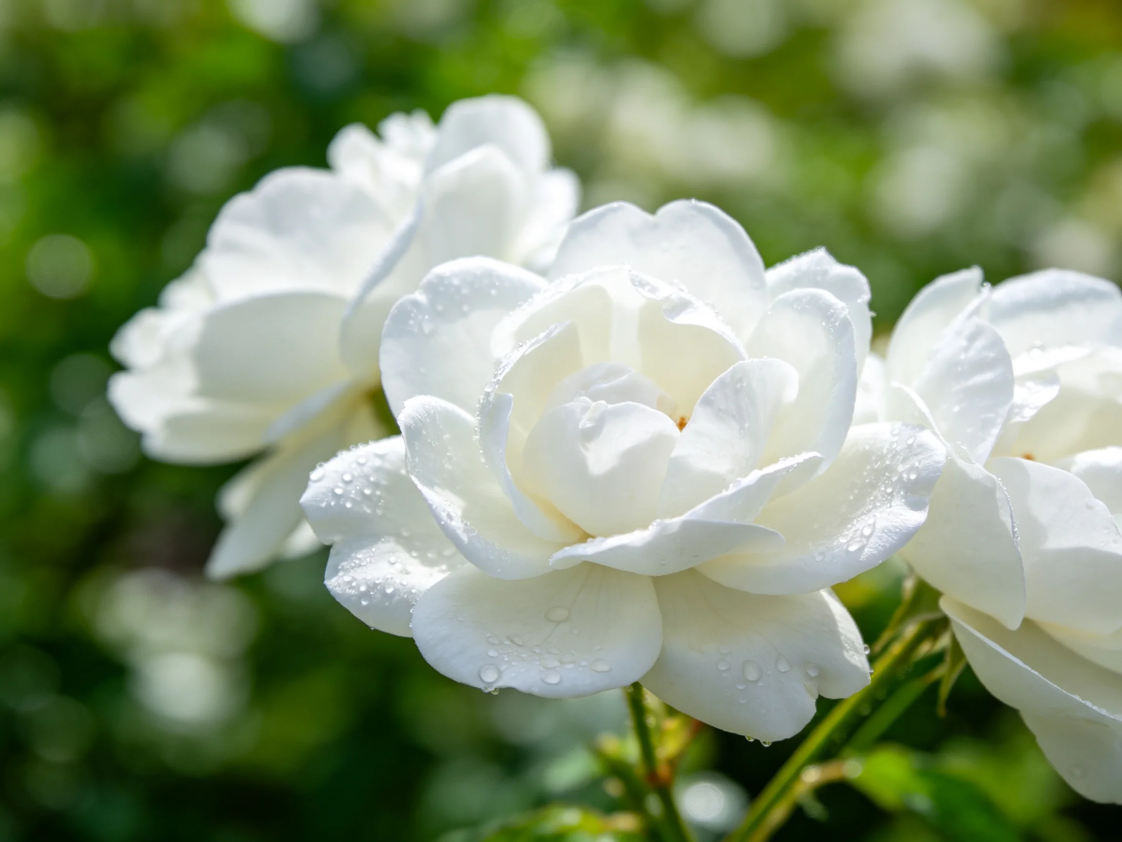 White roses with dewdrops amid lush green foliage