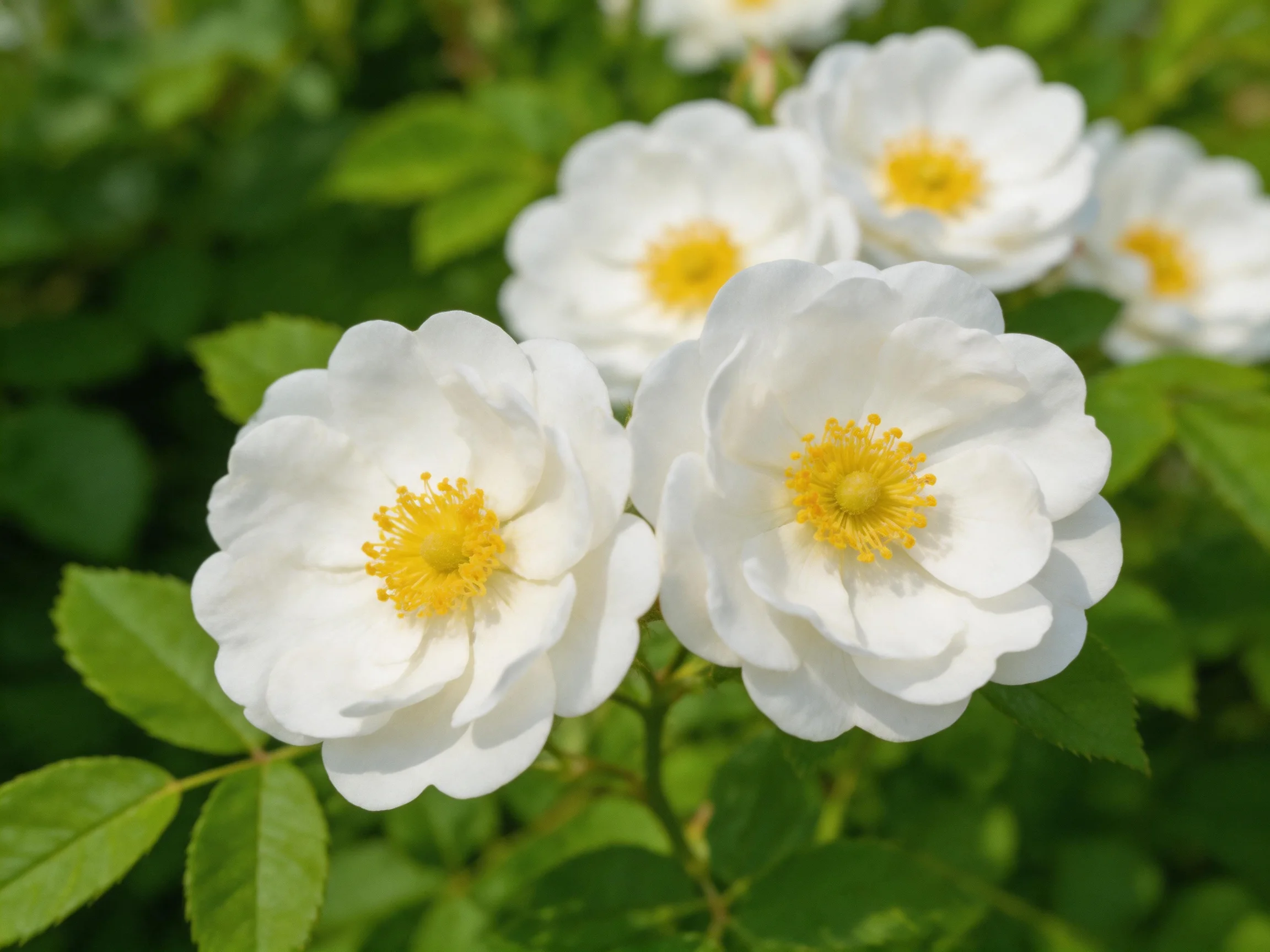 White roses with yellow centers bloom among green foliage