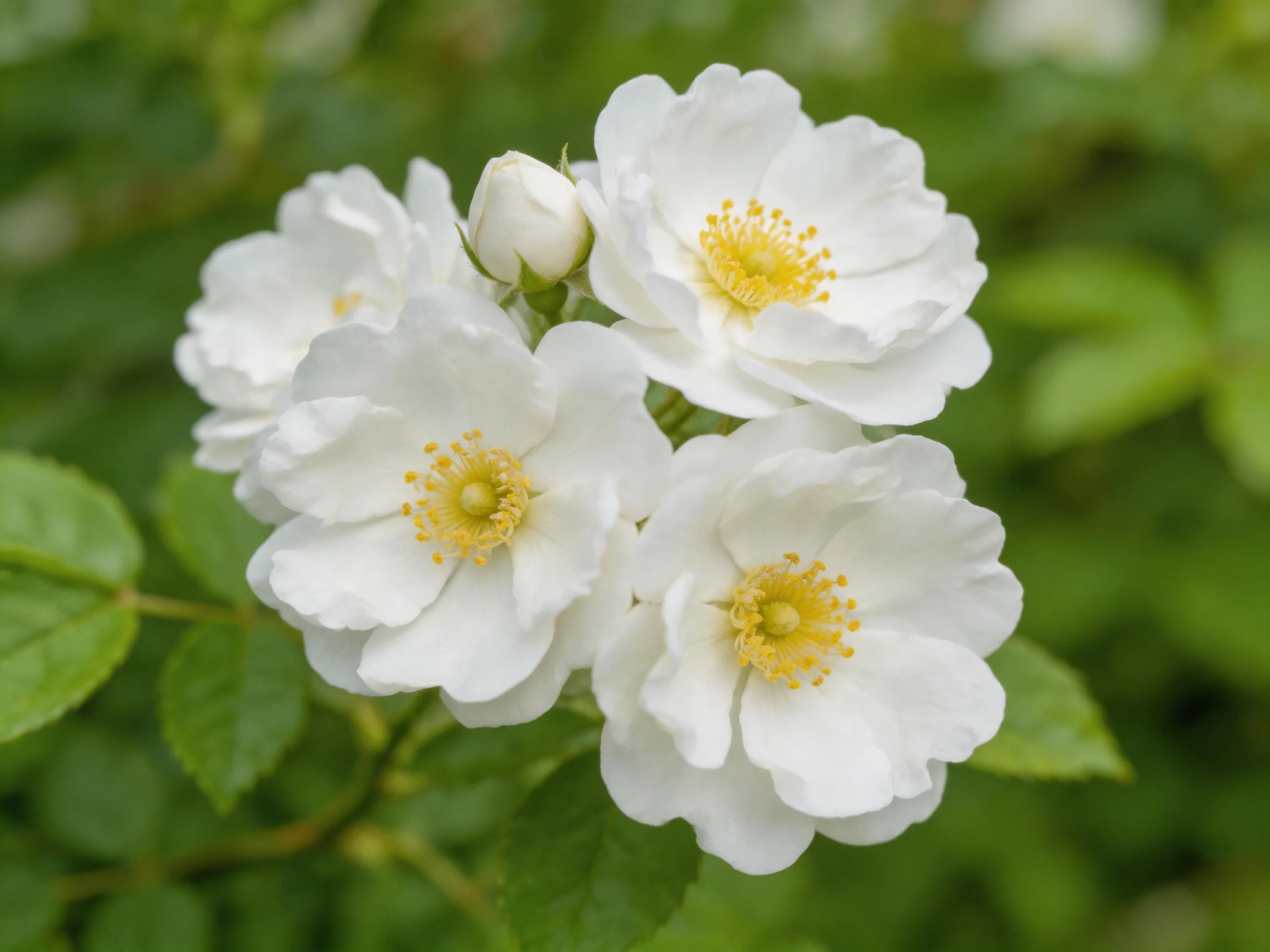 White roses with yellow centers cluster among green leaves