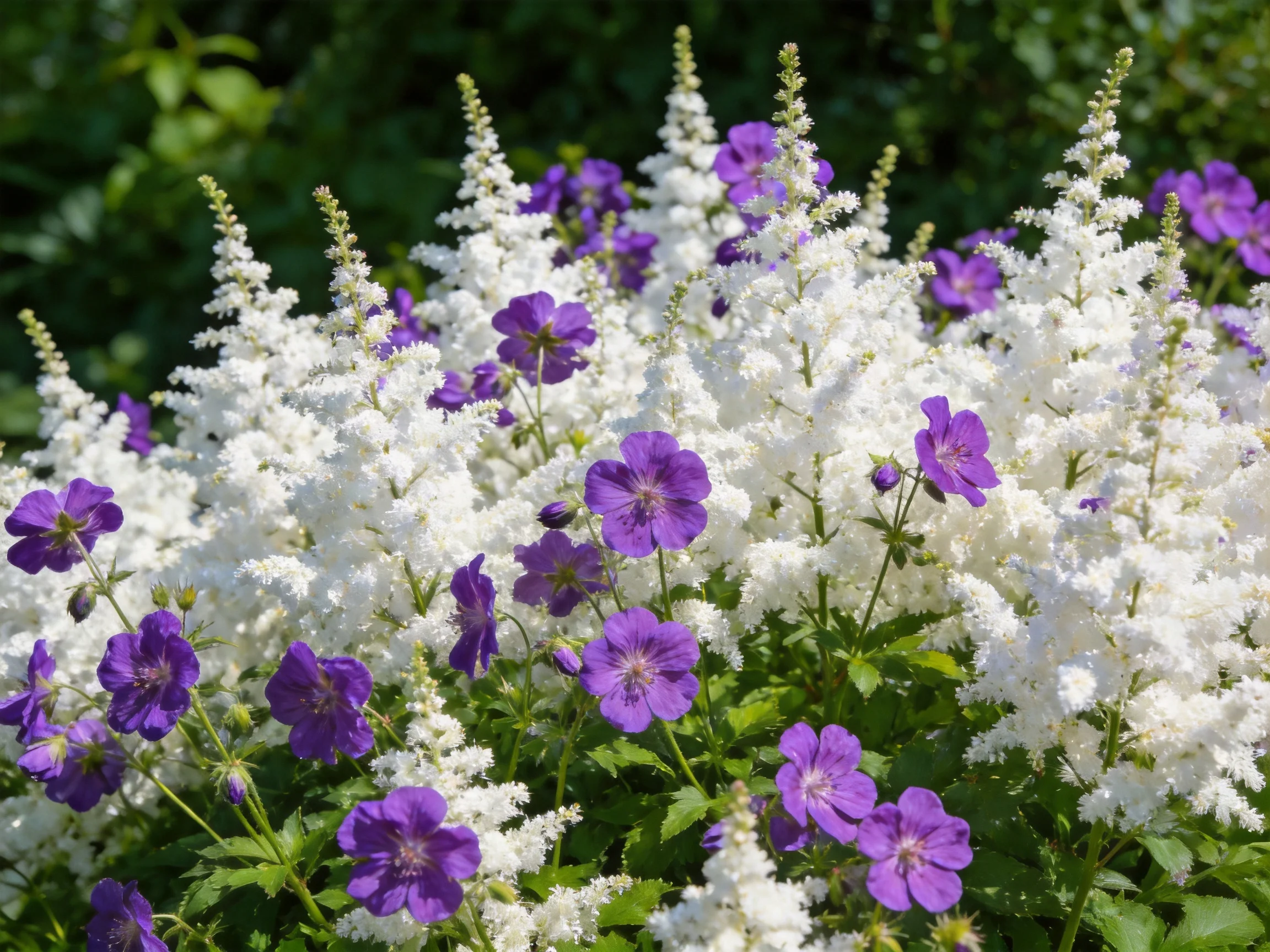 White spires and vibrant purple blooms in a lush garden
