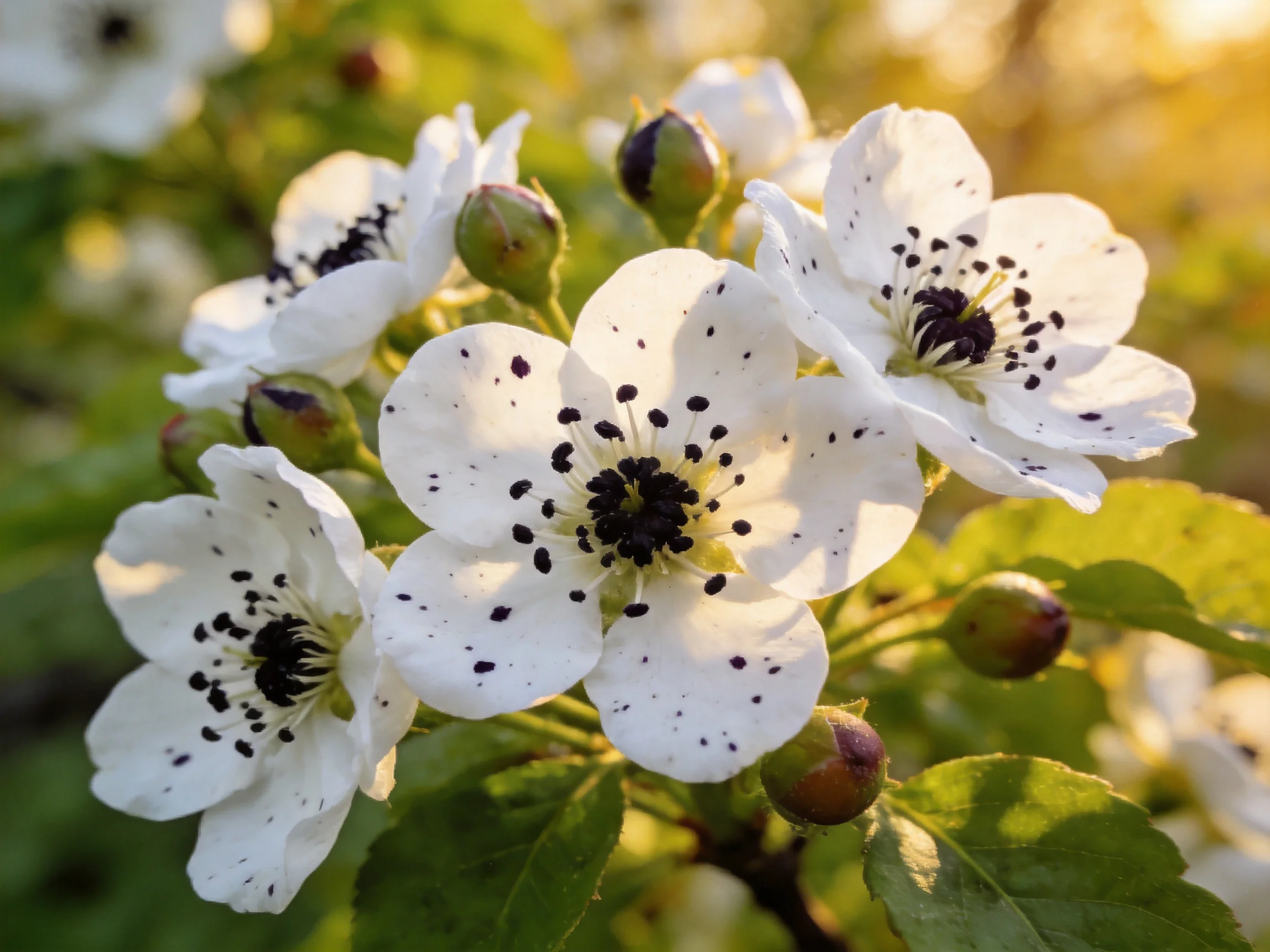 White spotted flowers, green buds, and leaves under golden light