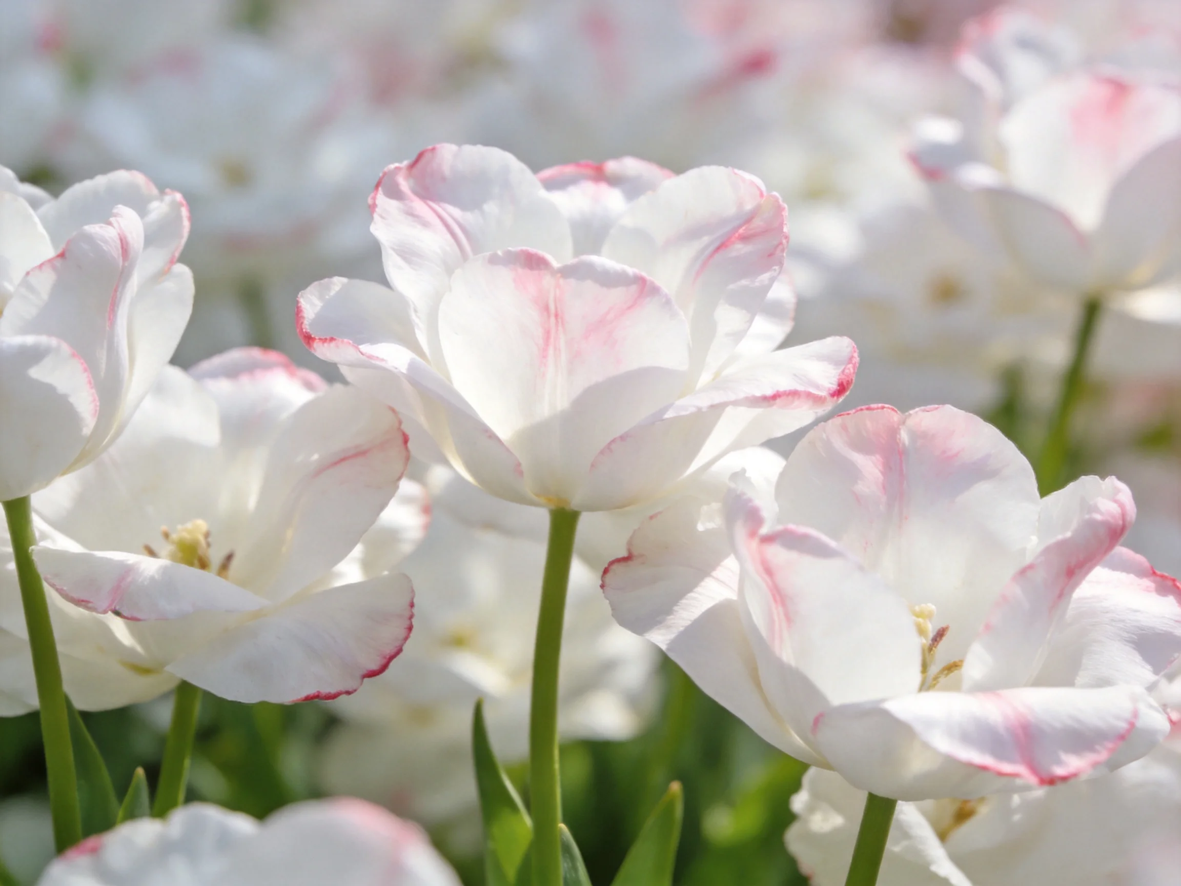 White tulips with pink - edged petals bloom in a sunlit garden