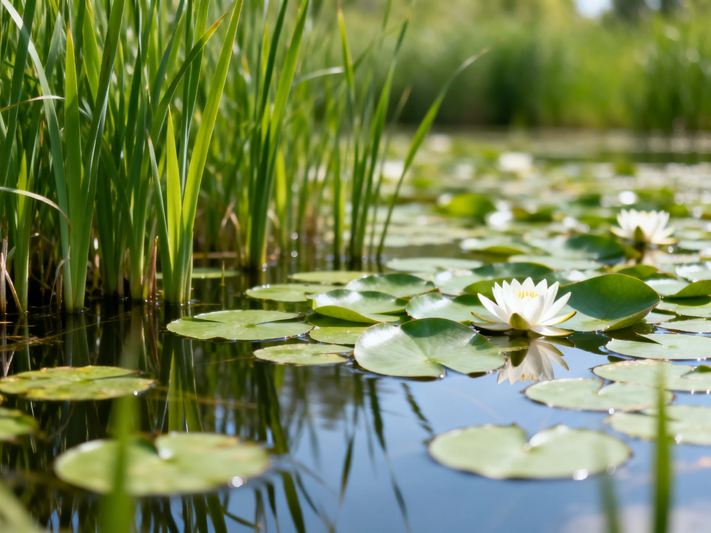 White water lilies float amid broad green lily pads near tall reeds