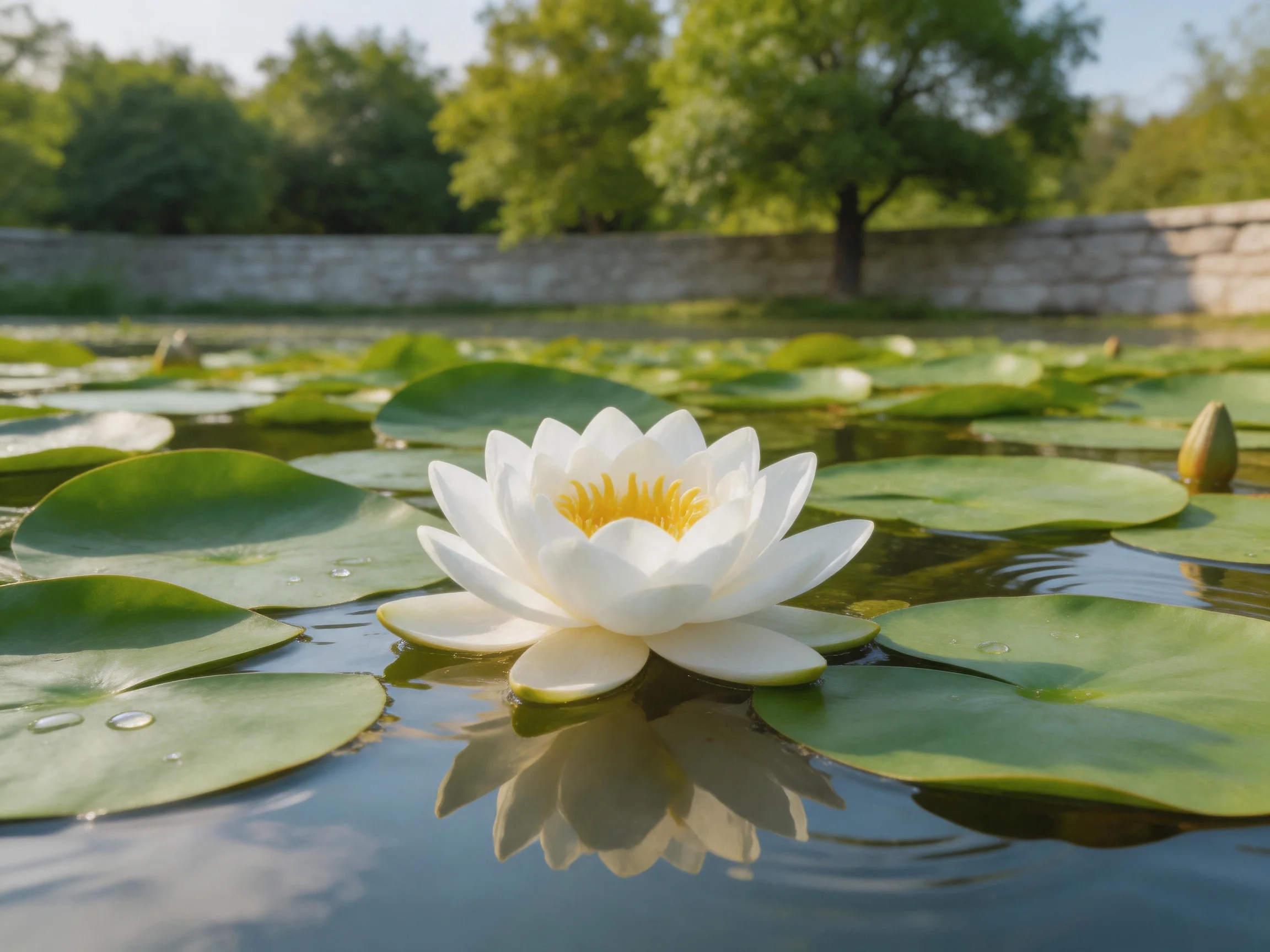 White water lily blooms amid green lily pads by a stone wall