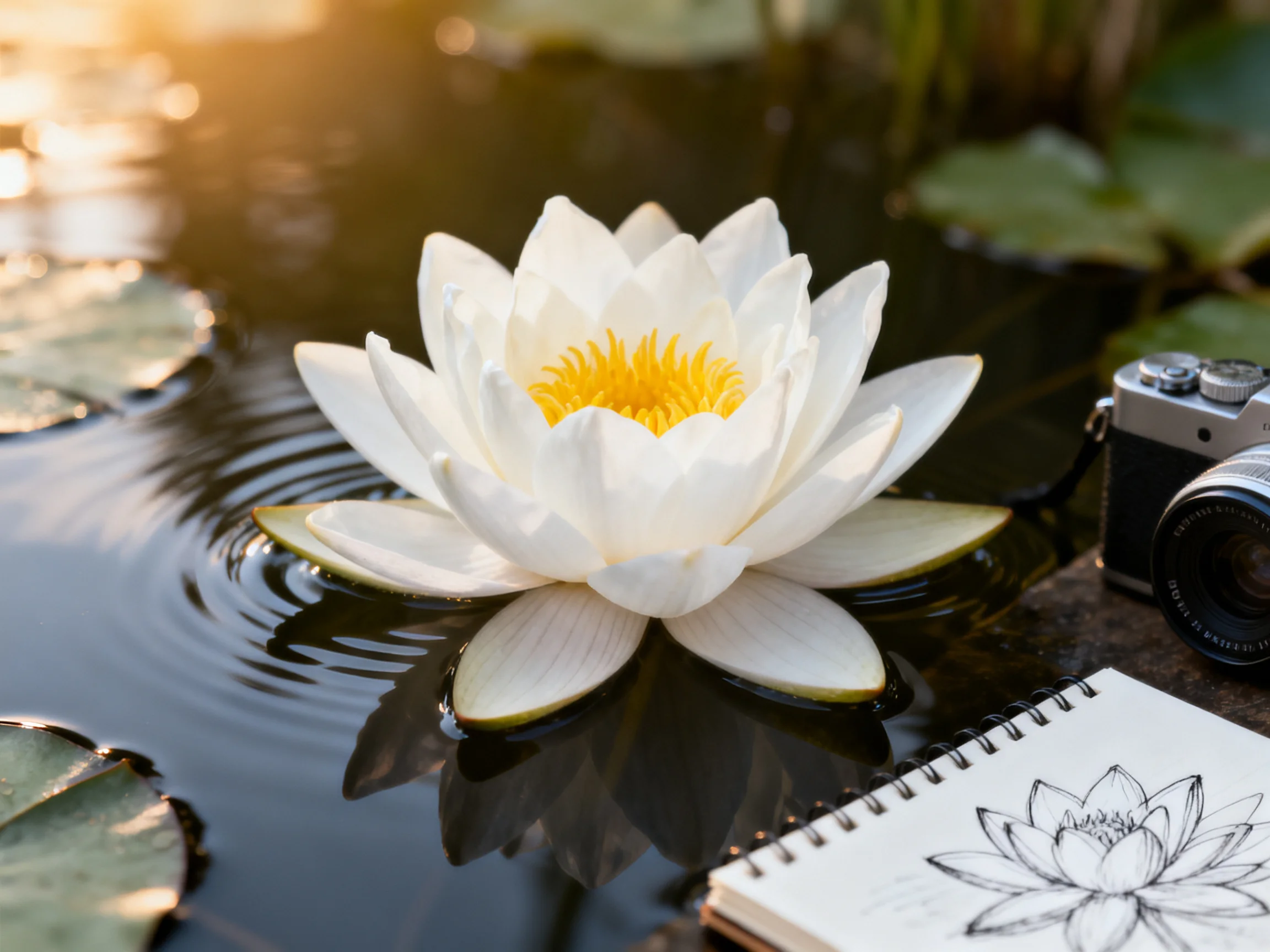 White water lily floating in a pond near a camera and sketchbook
