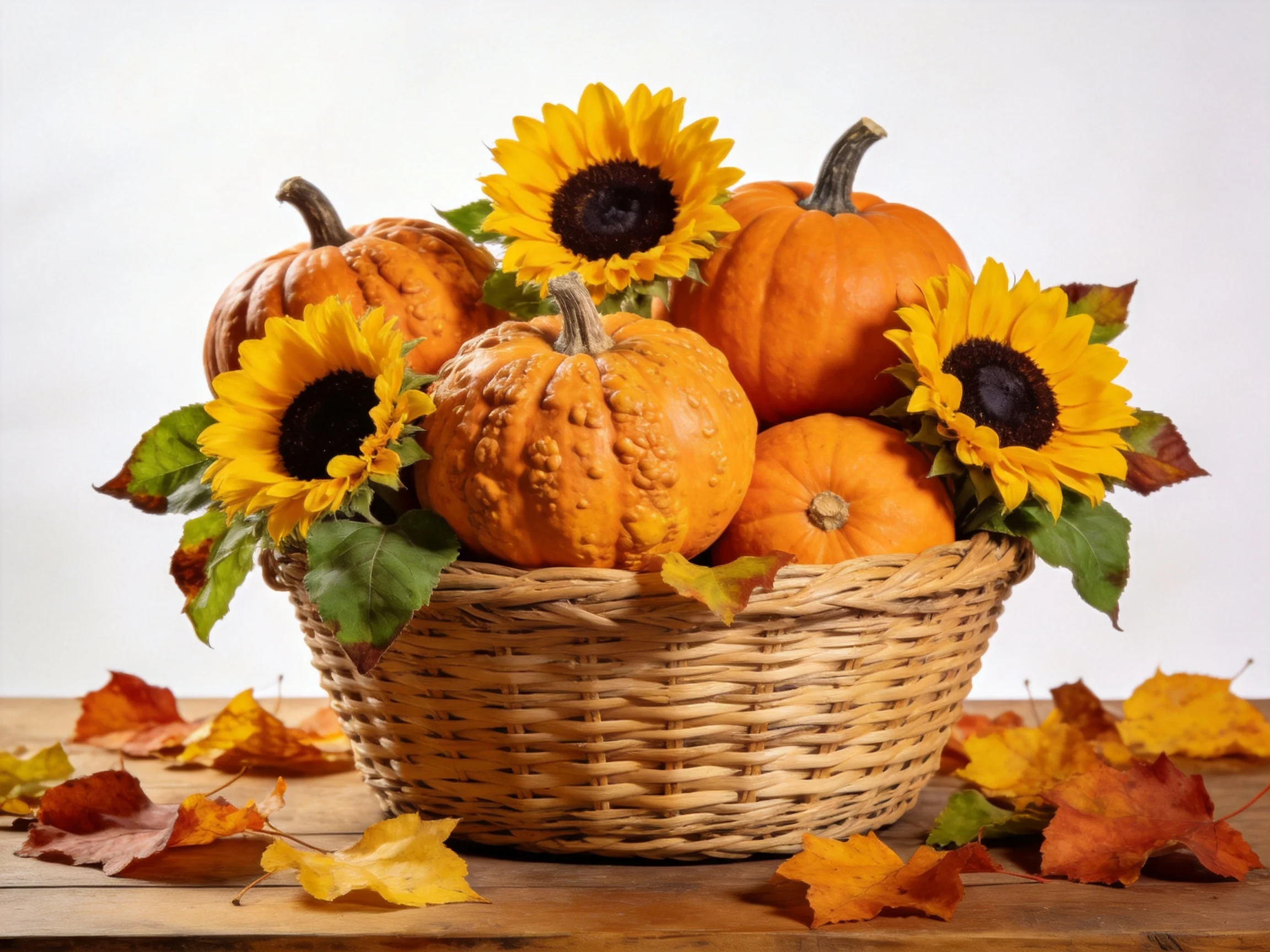 Wicker basket filled with orange pumpkins, yellow sunflowers, and autumn leaves
