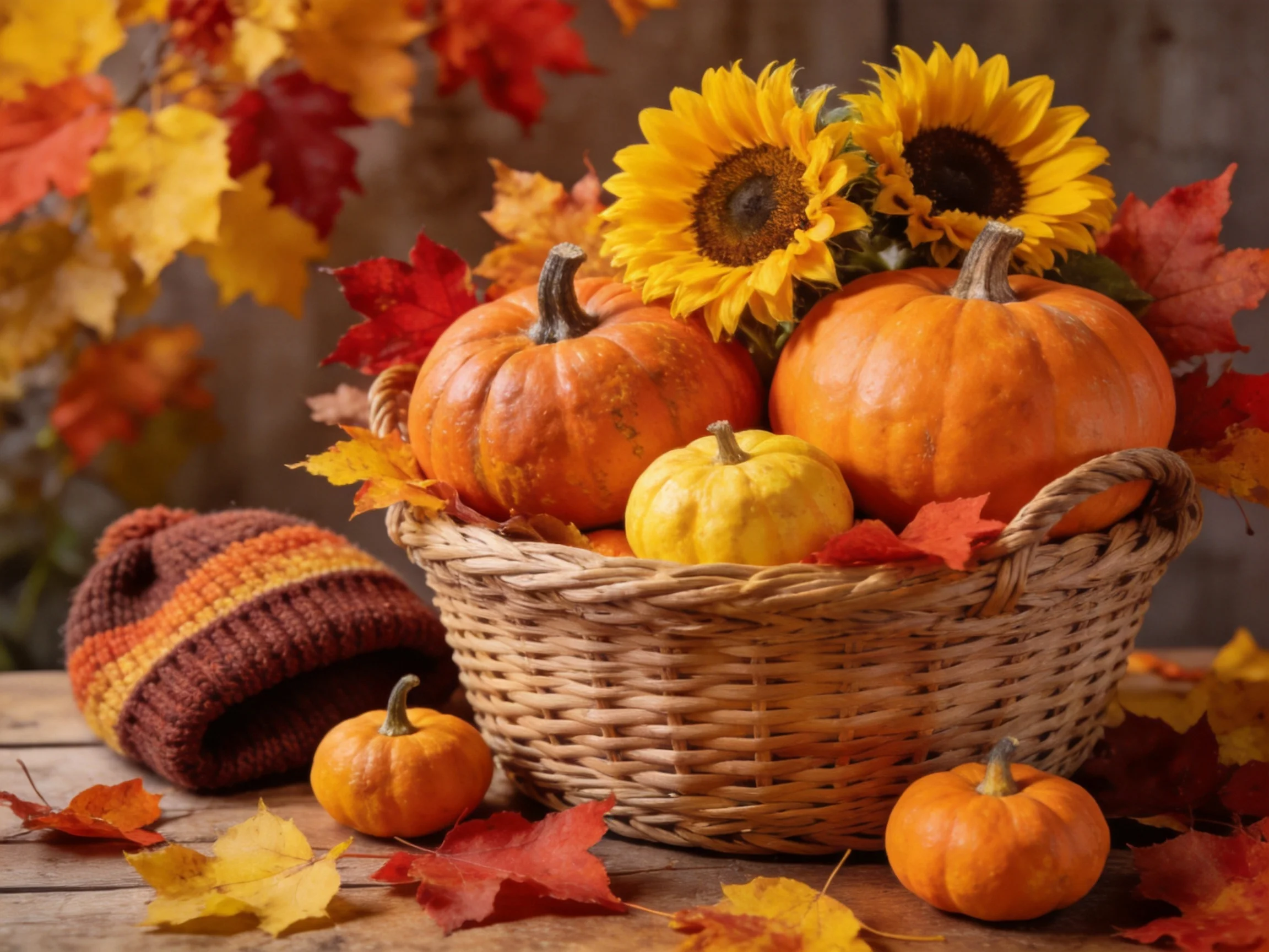 Wicker basket filled with orange pumpkins, yellow sunflowers, and autumn leaves