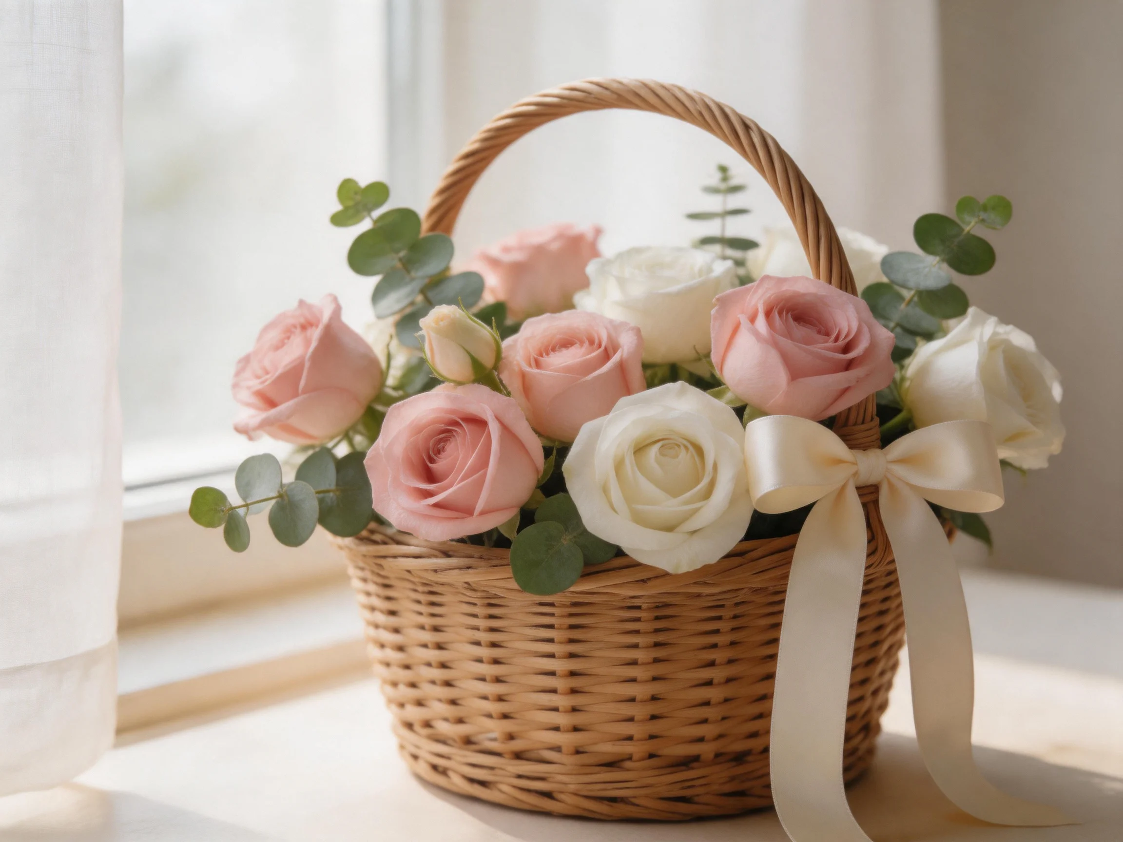 Wicker basket with pastel pink and white roses, eucalyptus, and cream ribbon