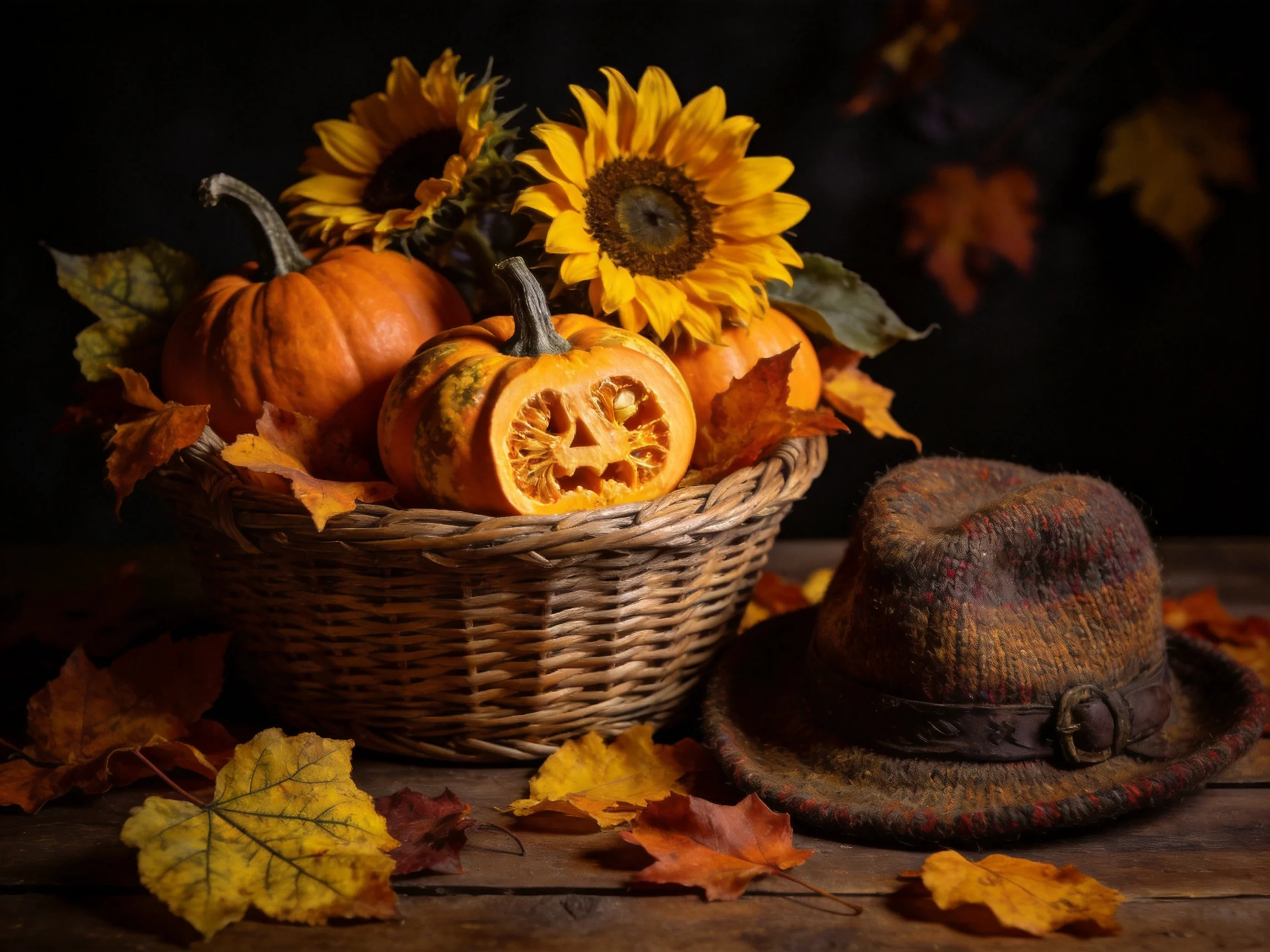 Wicker basket with small orange pumpkins, yellow sunflowers, and autumn leaves