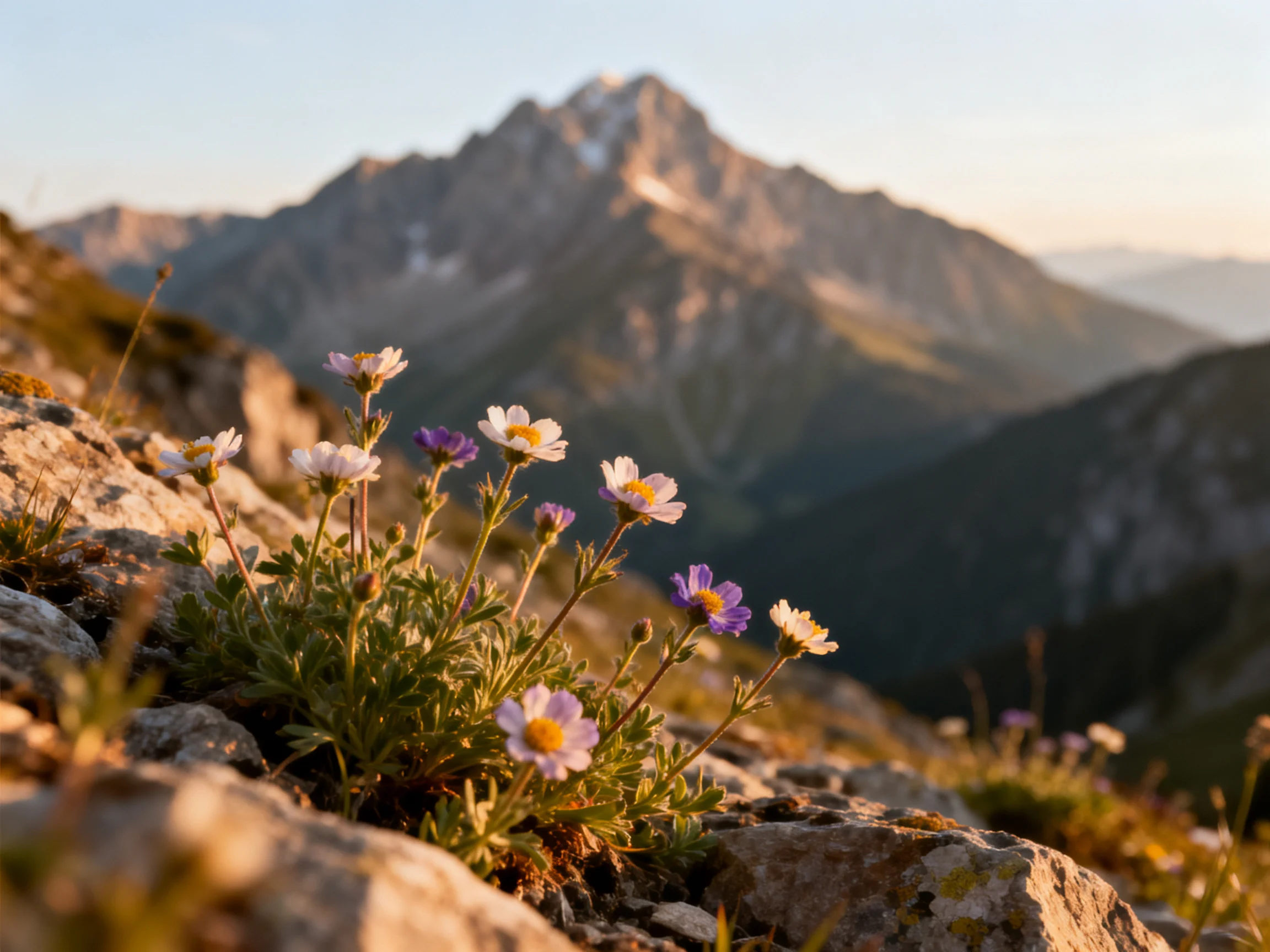 Wildflowers bloom among rocky terrain near towering mountain peaks