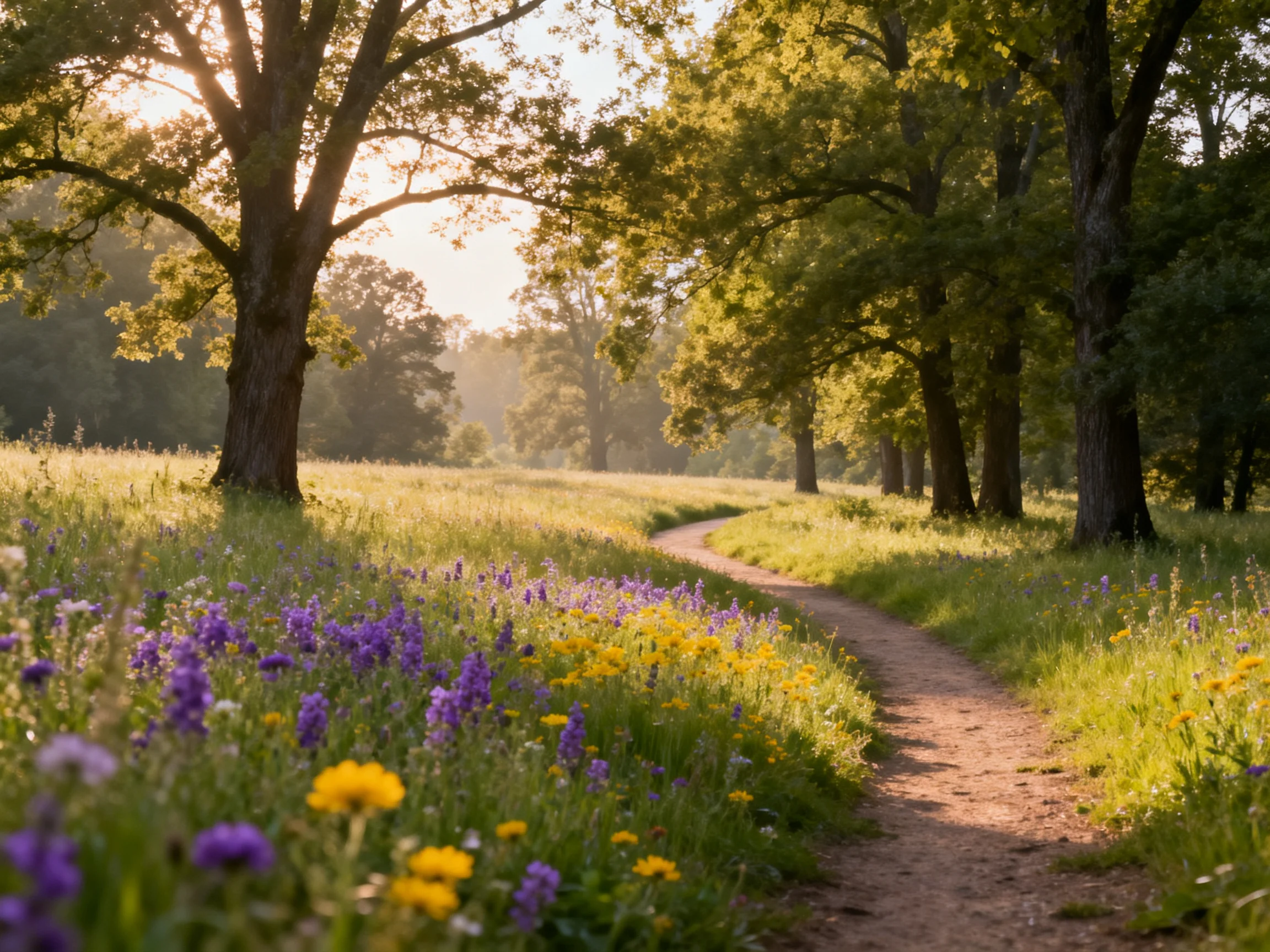 Winding dirt path through sunlit meadow with purple and yellow wildflowers