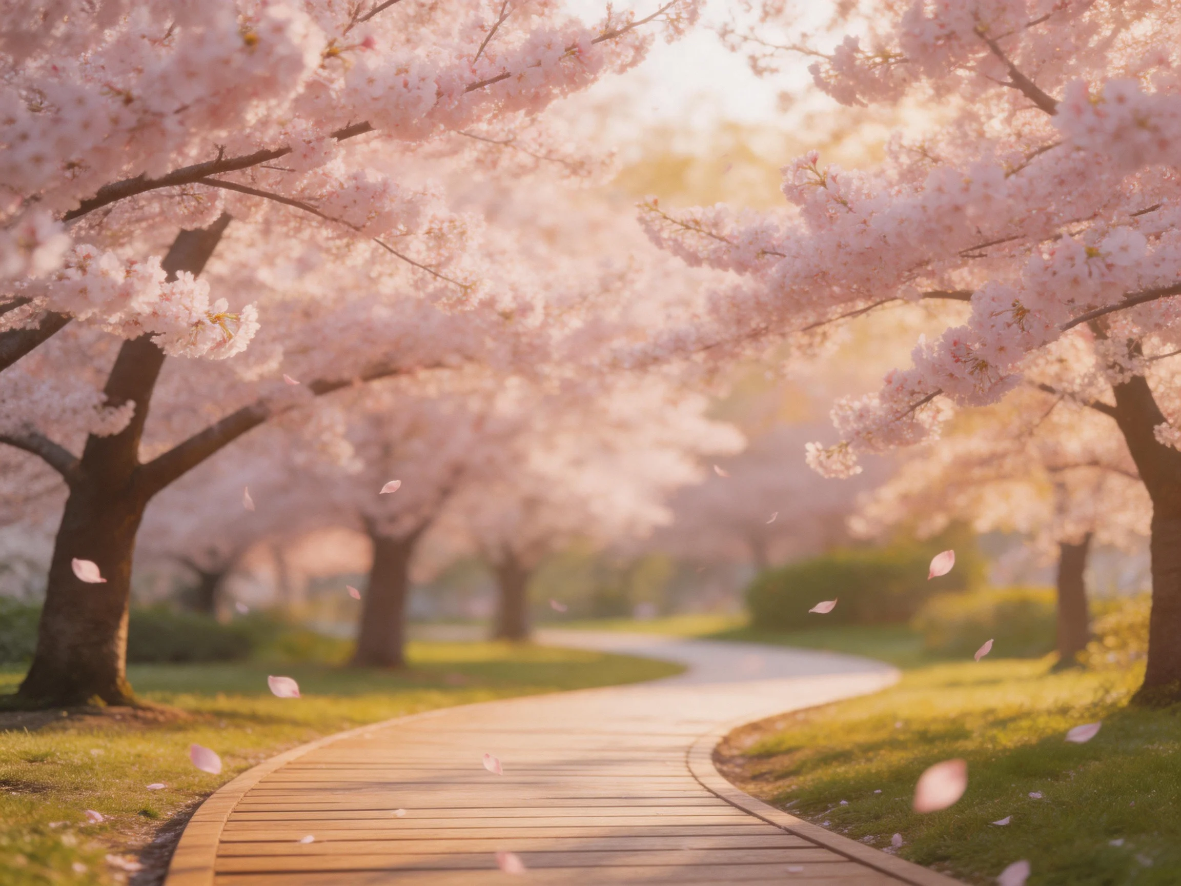 Winding wooden path flanked by blooming cherry blossom trees under golden sunlight
