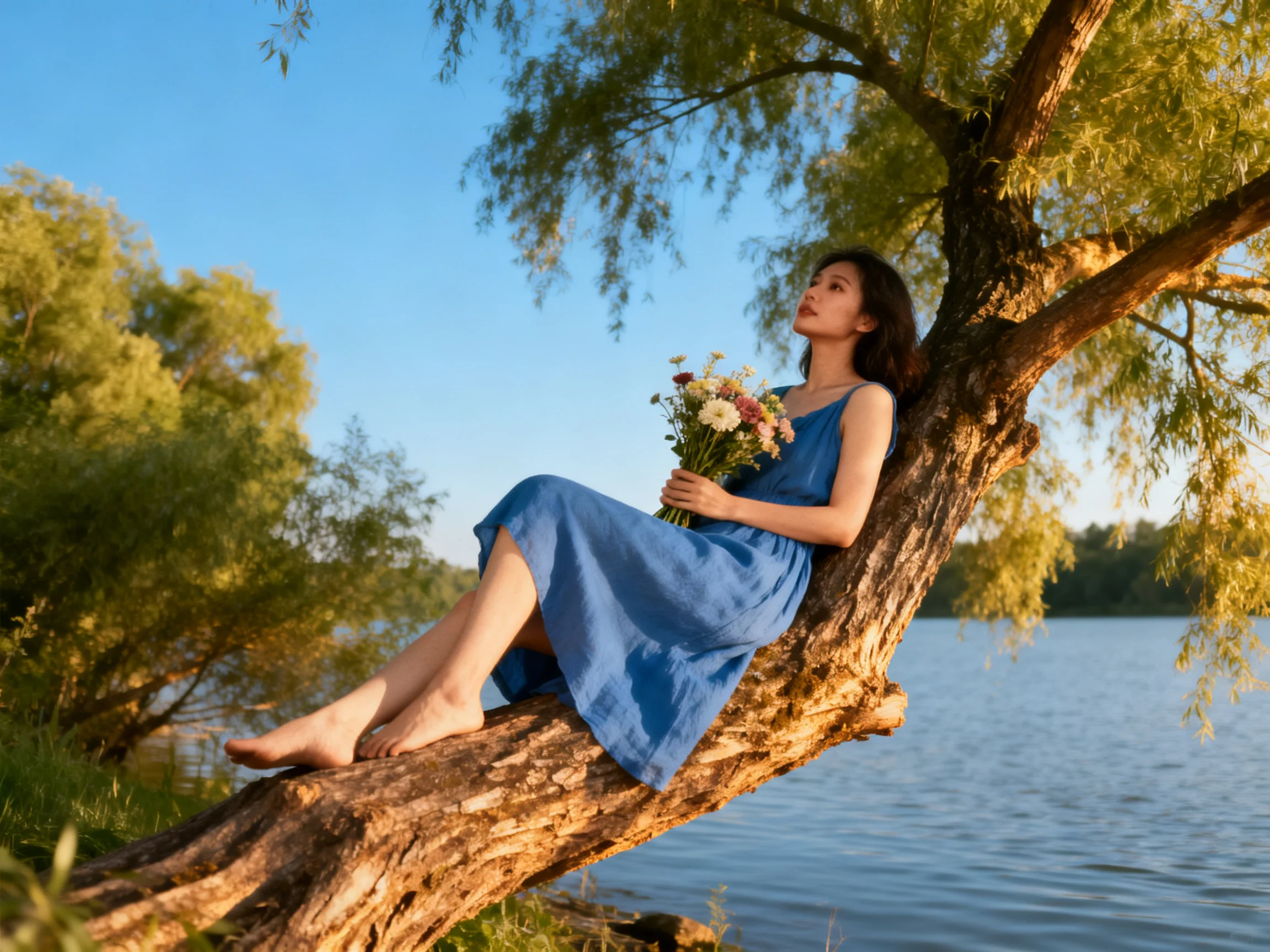 Woman in blue dress sits on tree branch by water with flowers