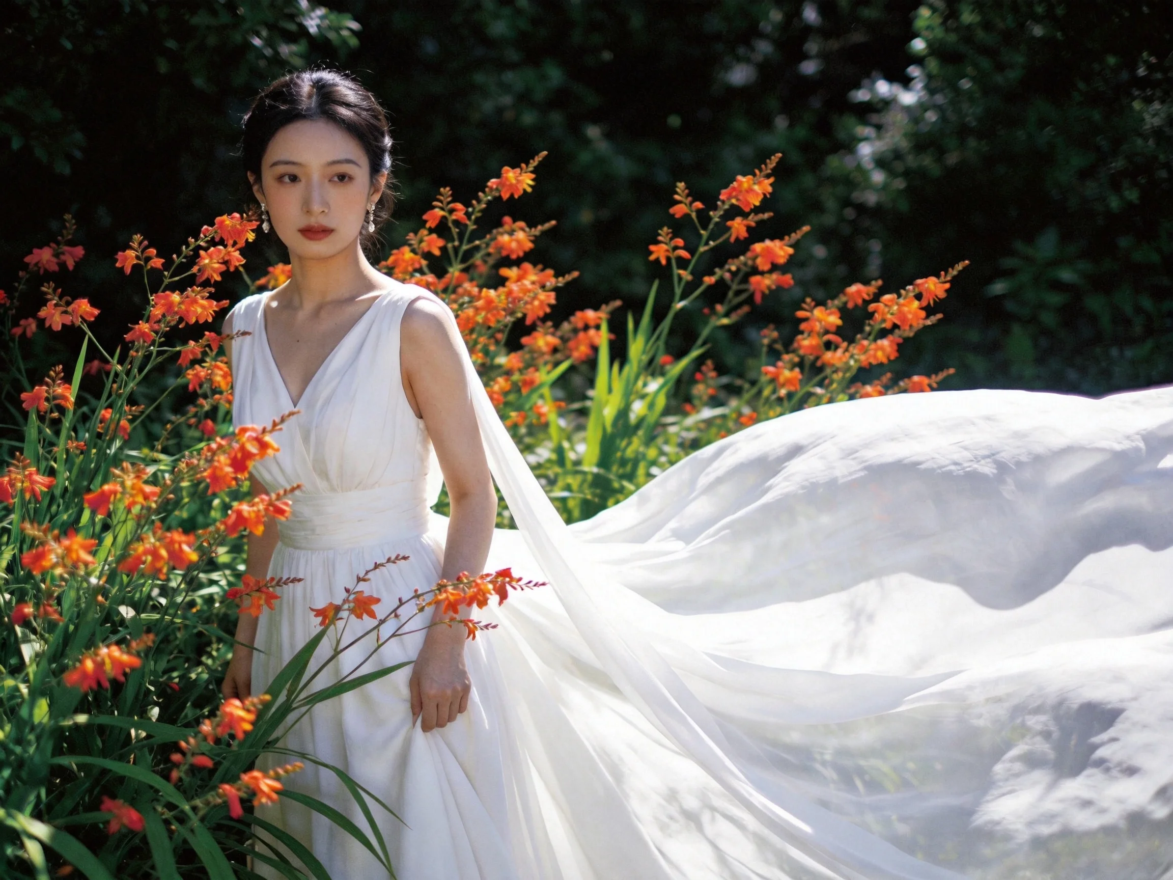 Woman in white gown surrounded by vibrant orange flowers