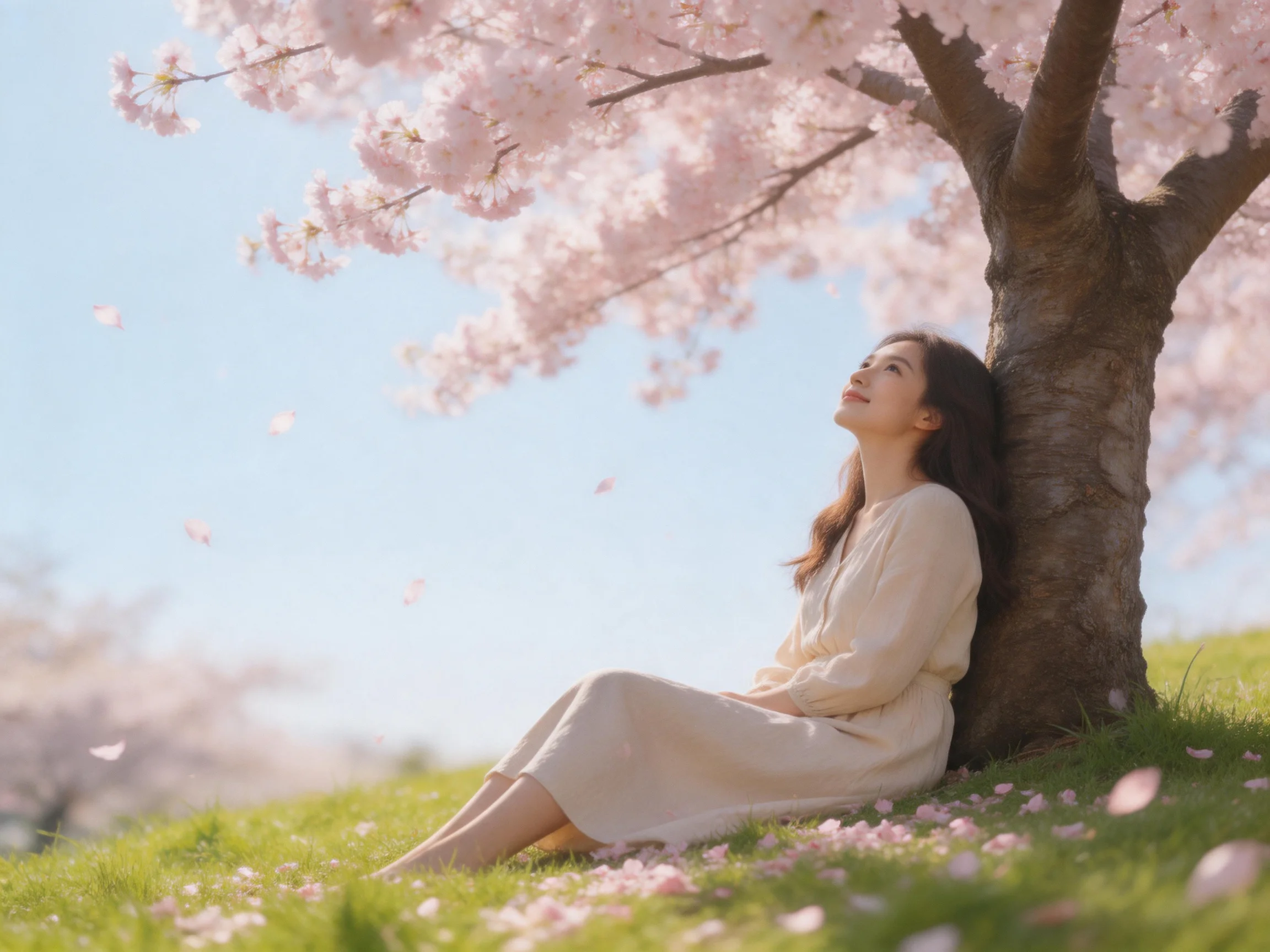 Woman relaxing under cherry blossom tree with falling petals