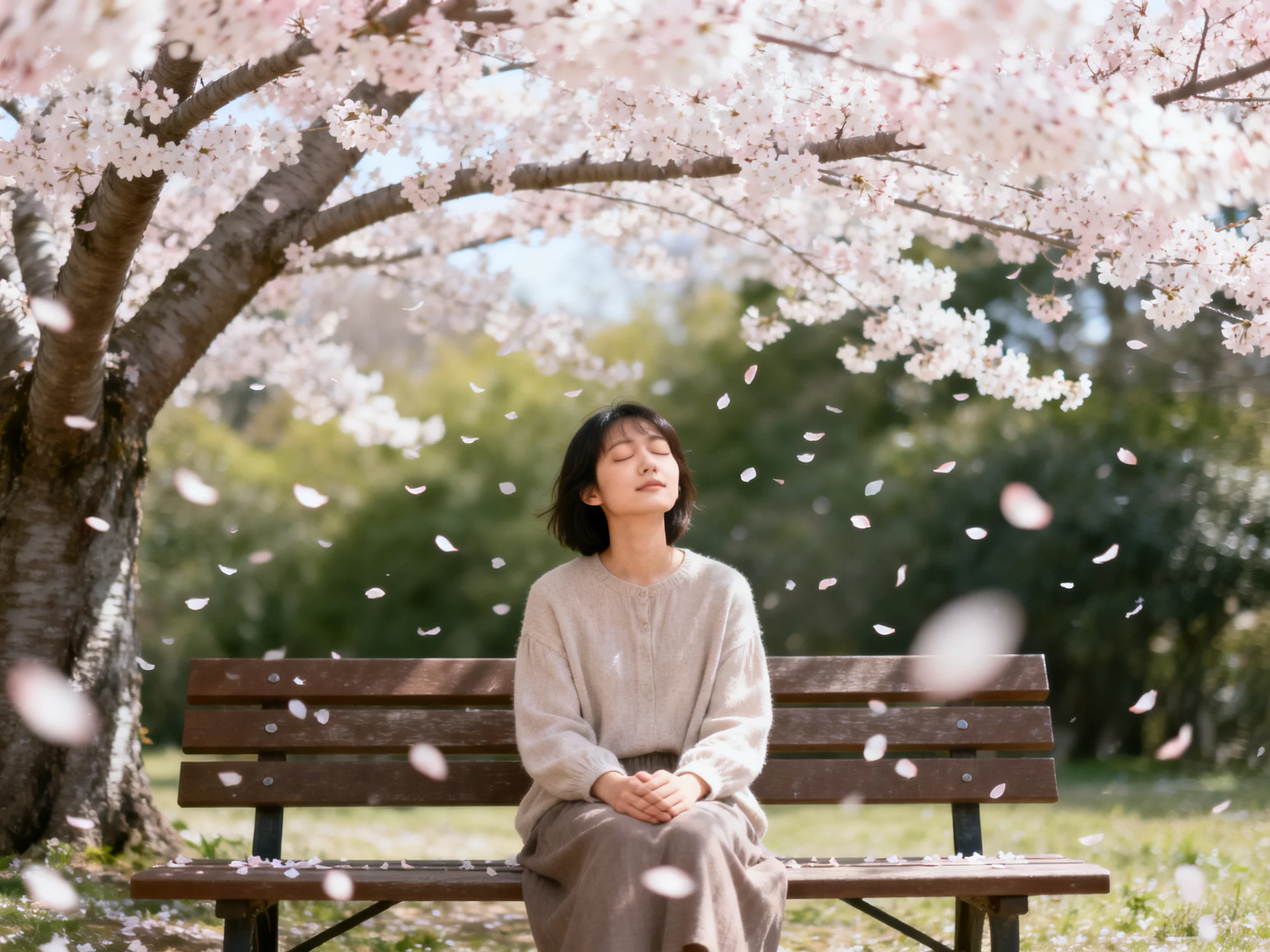 Woman sitting on wooden bench beneath cherry blossom canopy with falling petals