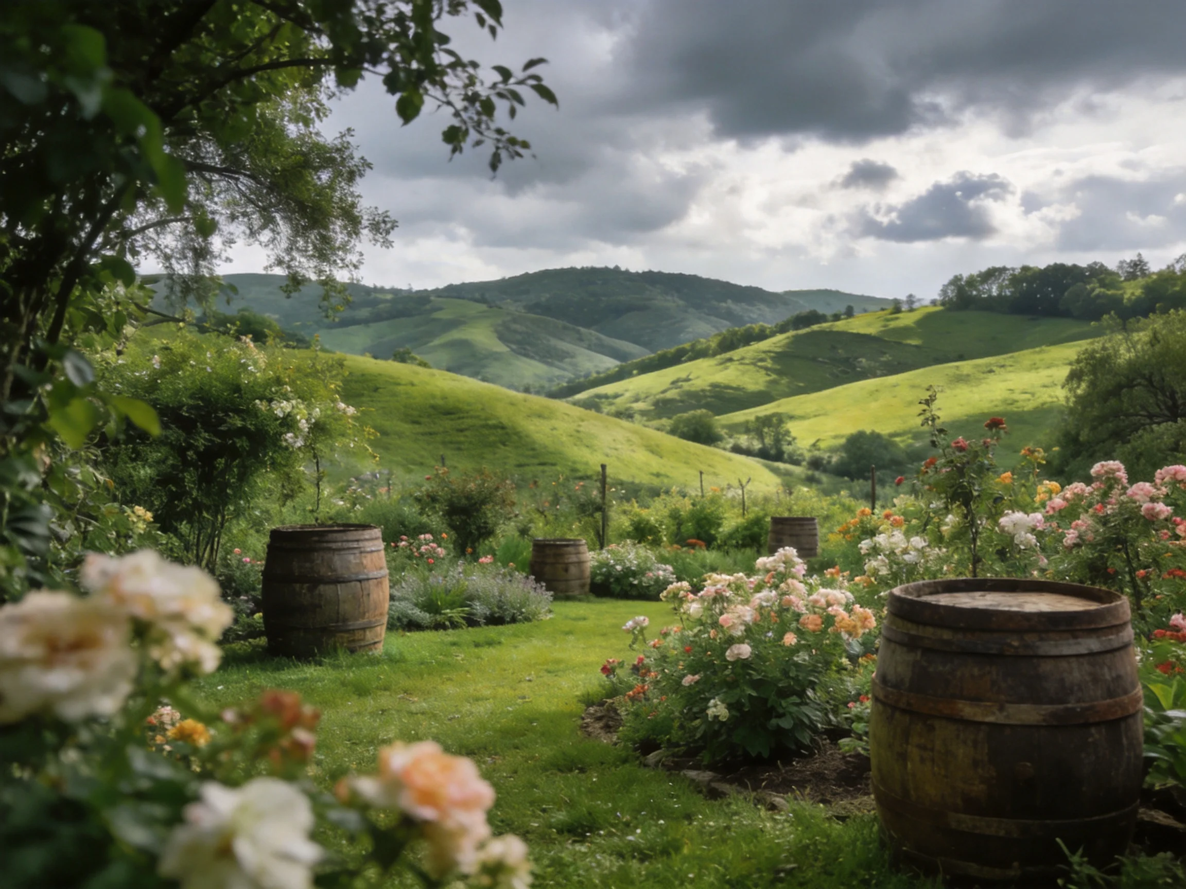 Wooden barrels among colorful flowers near rolling green hills