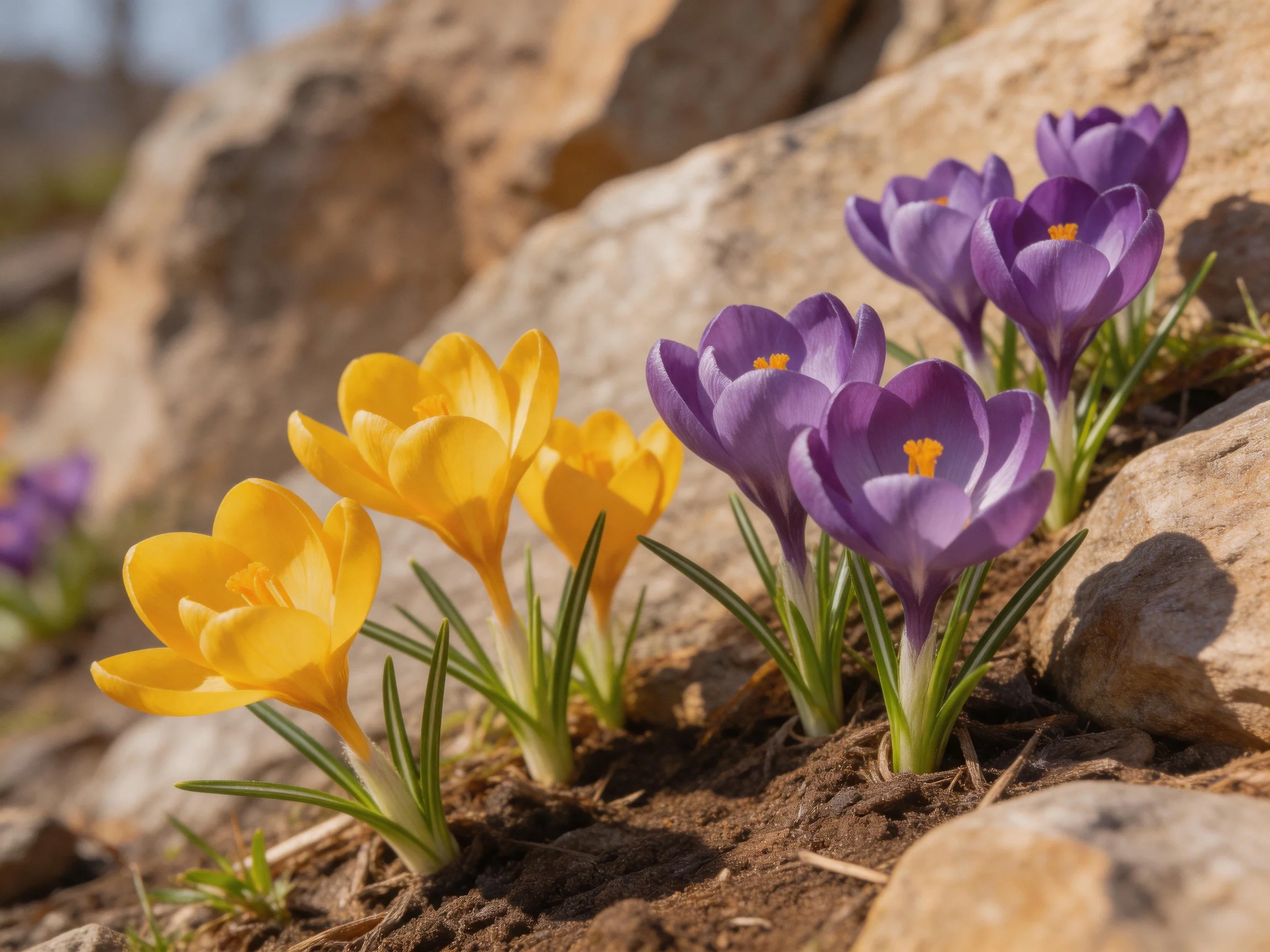 Yellow and purple crocus flowers bloom among rocky terrain