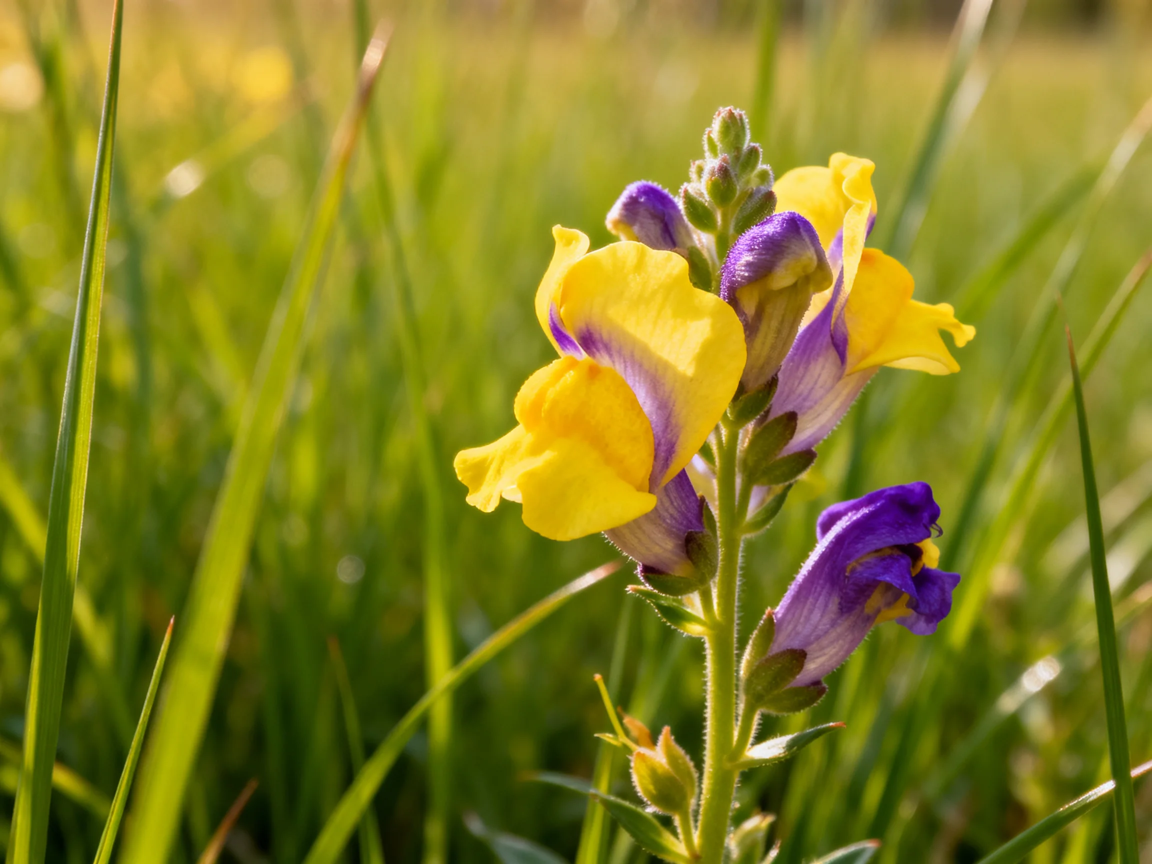 Yellow and purple snapdragon flowers blooming among tall green grass