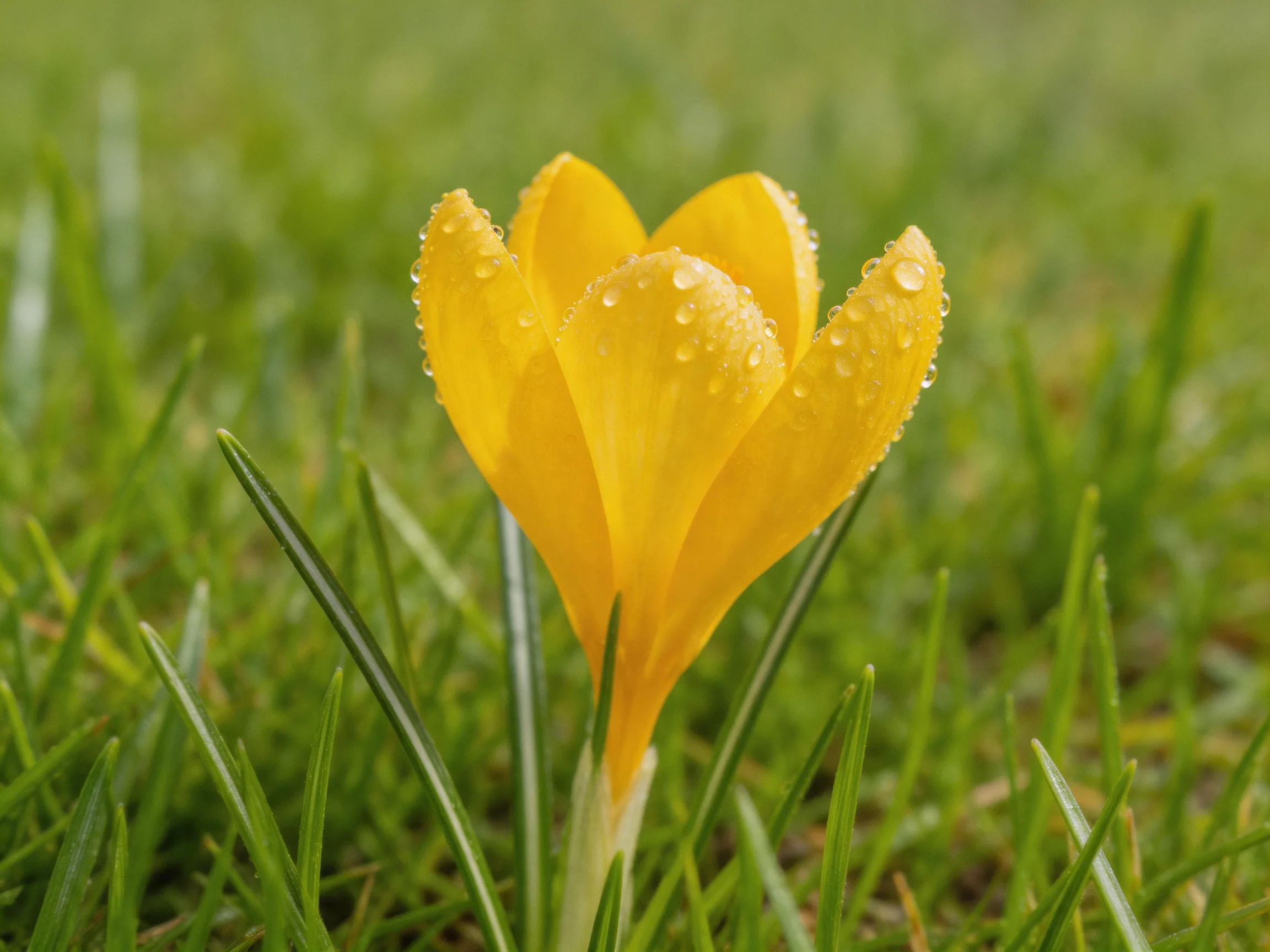 Yellow crocus with dewdrops blooms amid lush green grass