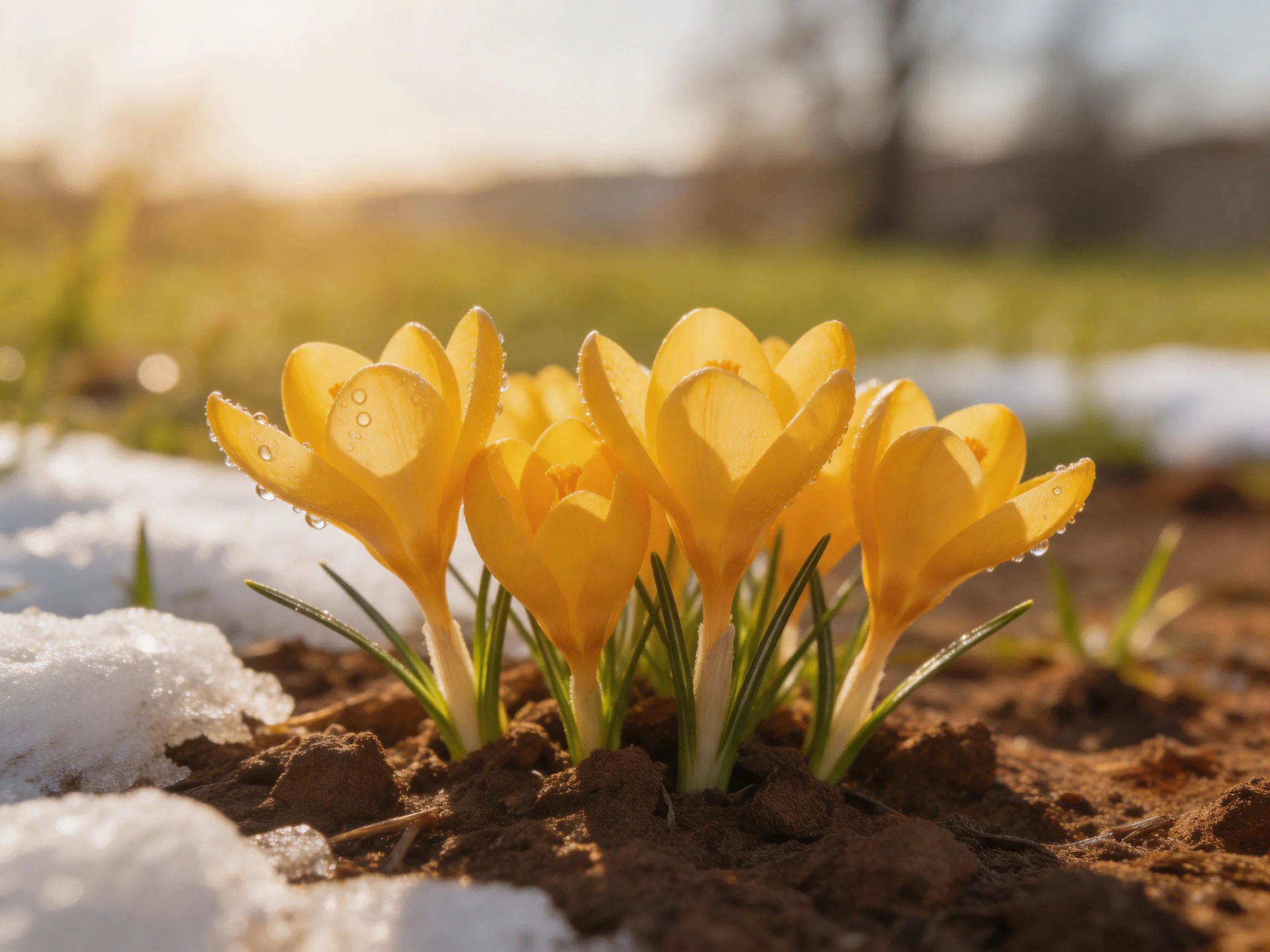 Yellow crocuses bloom amid melting snow and brown earth