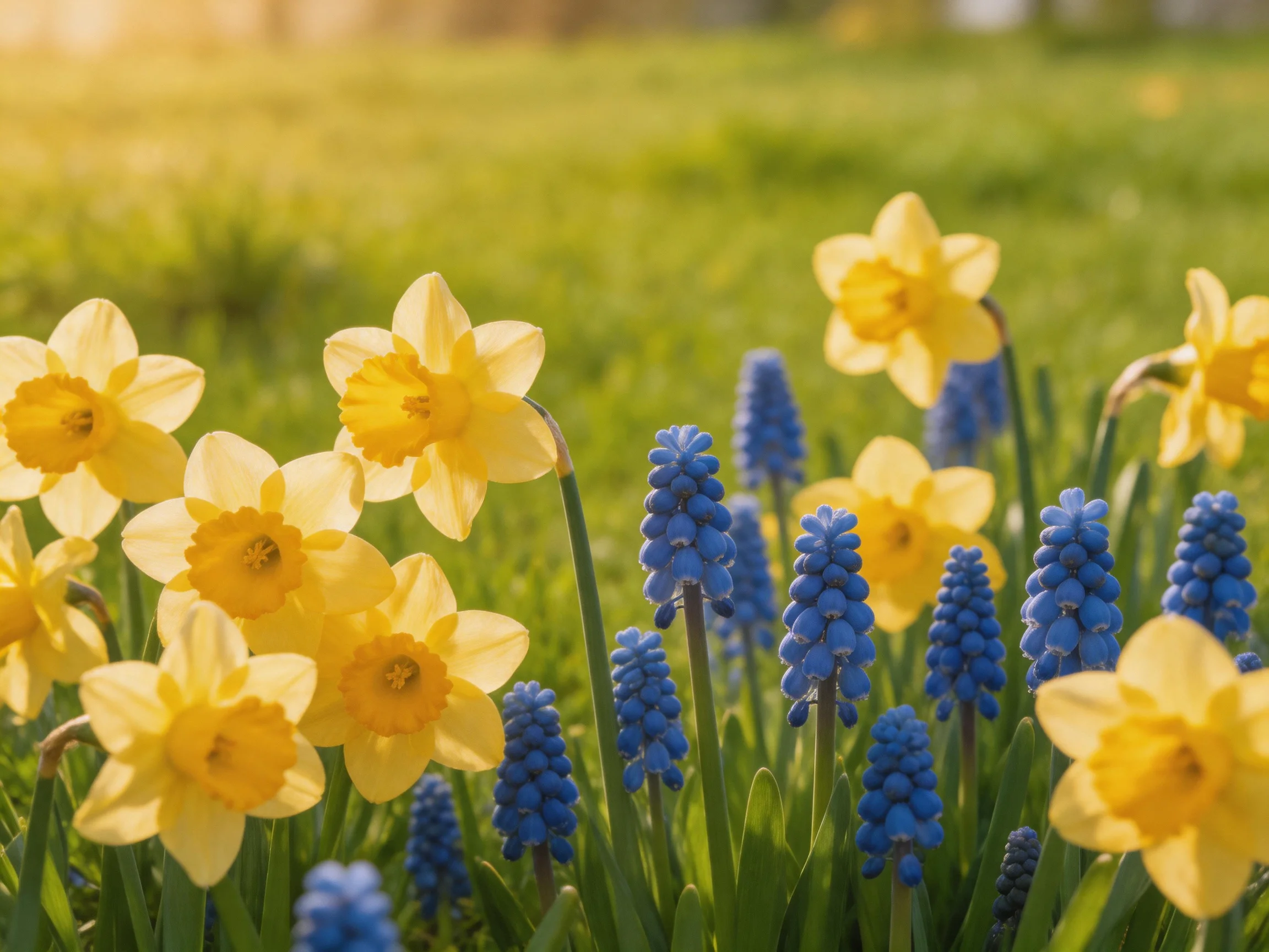 Yellow daffodils and blue blooms in a sunlit green meadow