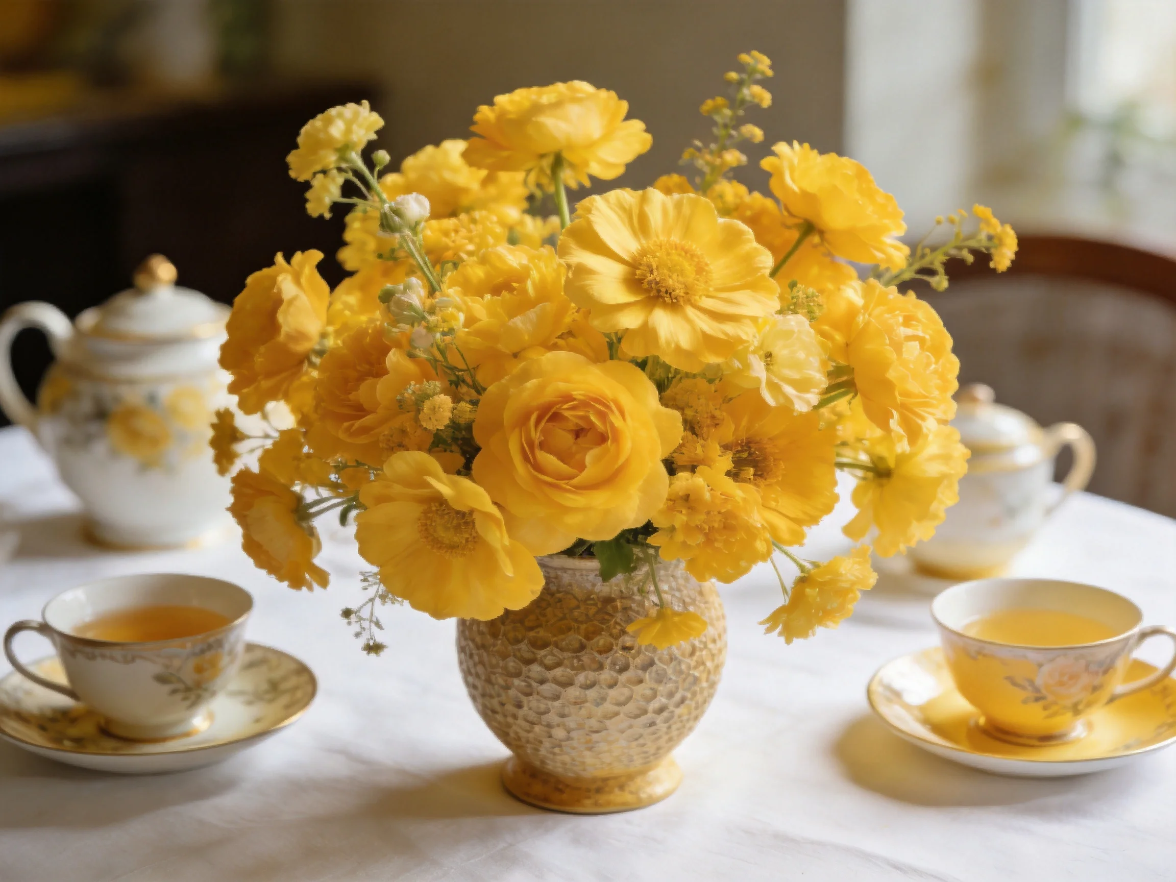 Yellow flower bouquet centered among white tableware and teacups