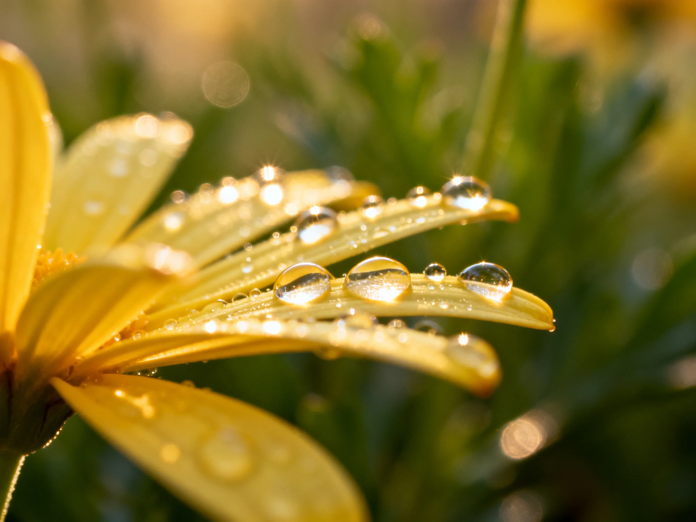 Yellow flower petals covered in glistening dewdrops amid green foliage